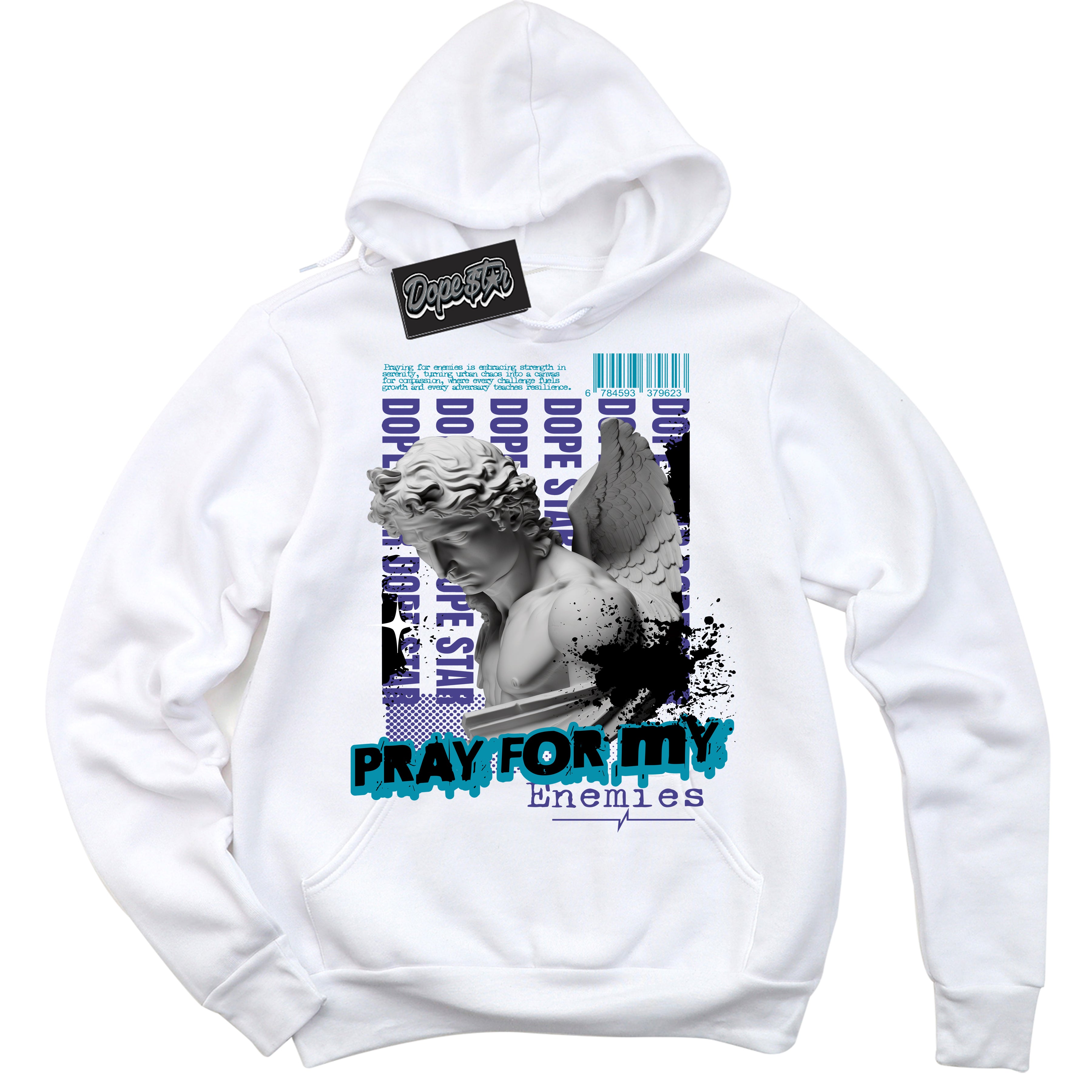 Cool White Hoodie with “ Pray Enemies ”  design that Perfectly Matches Aqua 6s Sneakers.