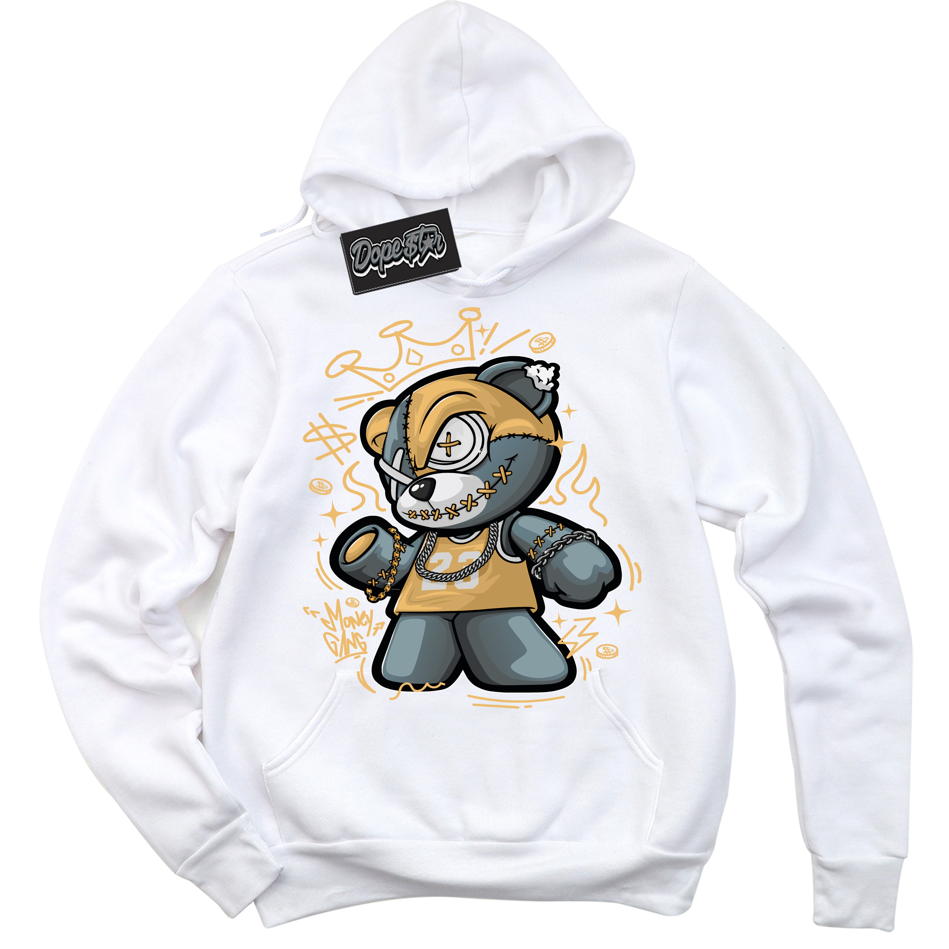 Cool White Hoodie with “ Money Gang Bear ” design that Perfectly Matches Craft Paris 6s Jordans.