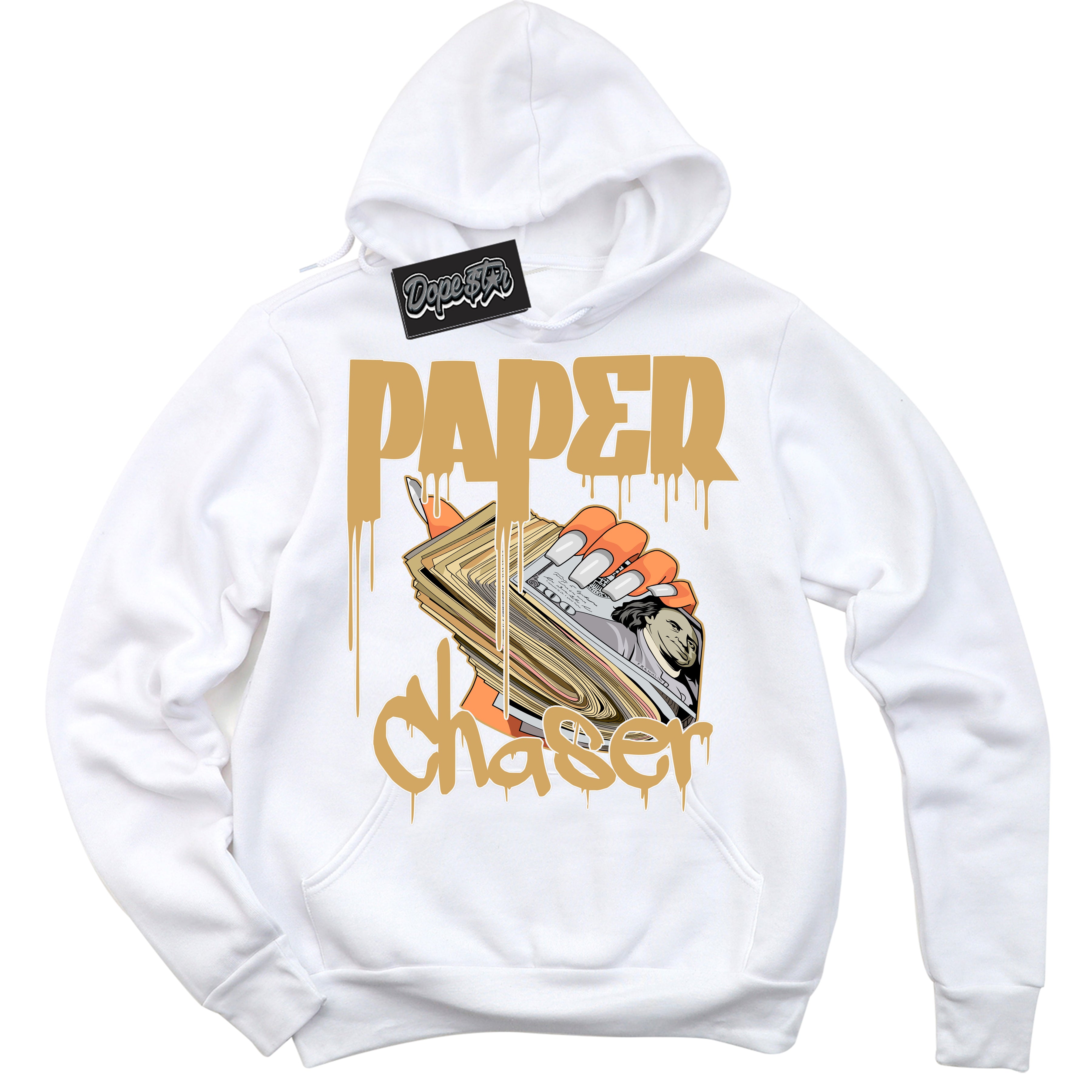 Cool White Hoodie with “ Paper Chaser ” design that Perfectly Matches Craft Paris 6s Jordans.