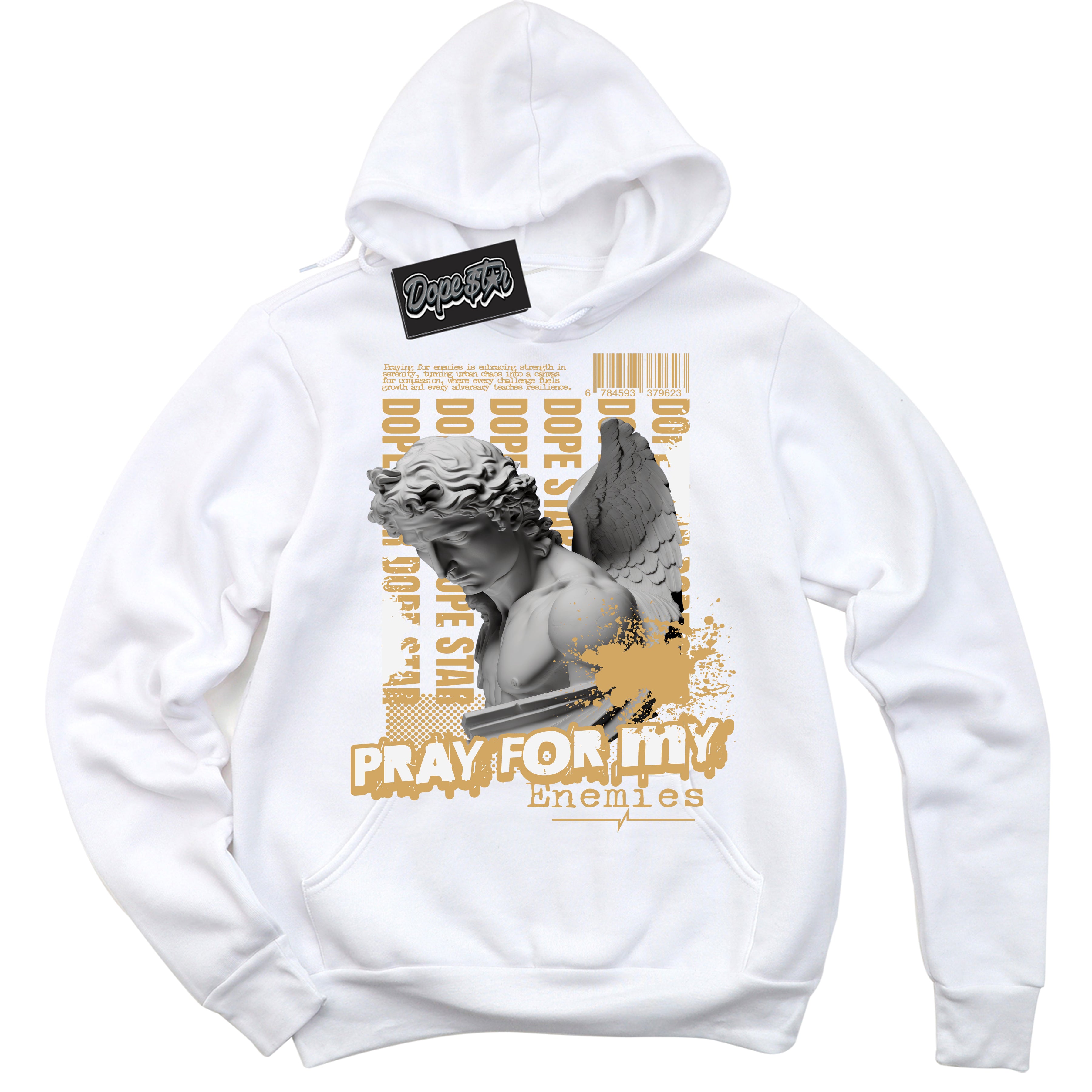 Cool White Hoodie with “ Pray Enemies ” design that Perfectly Matches Craft Paris 6s Jordans.