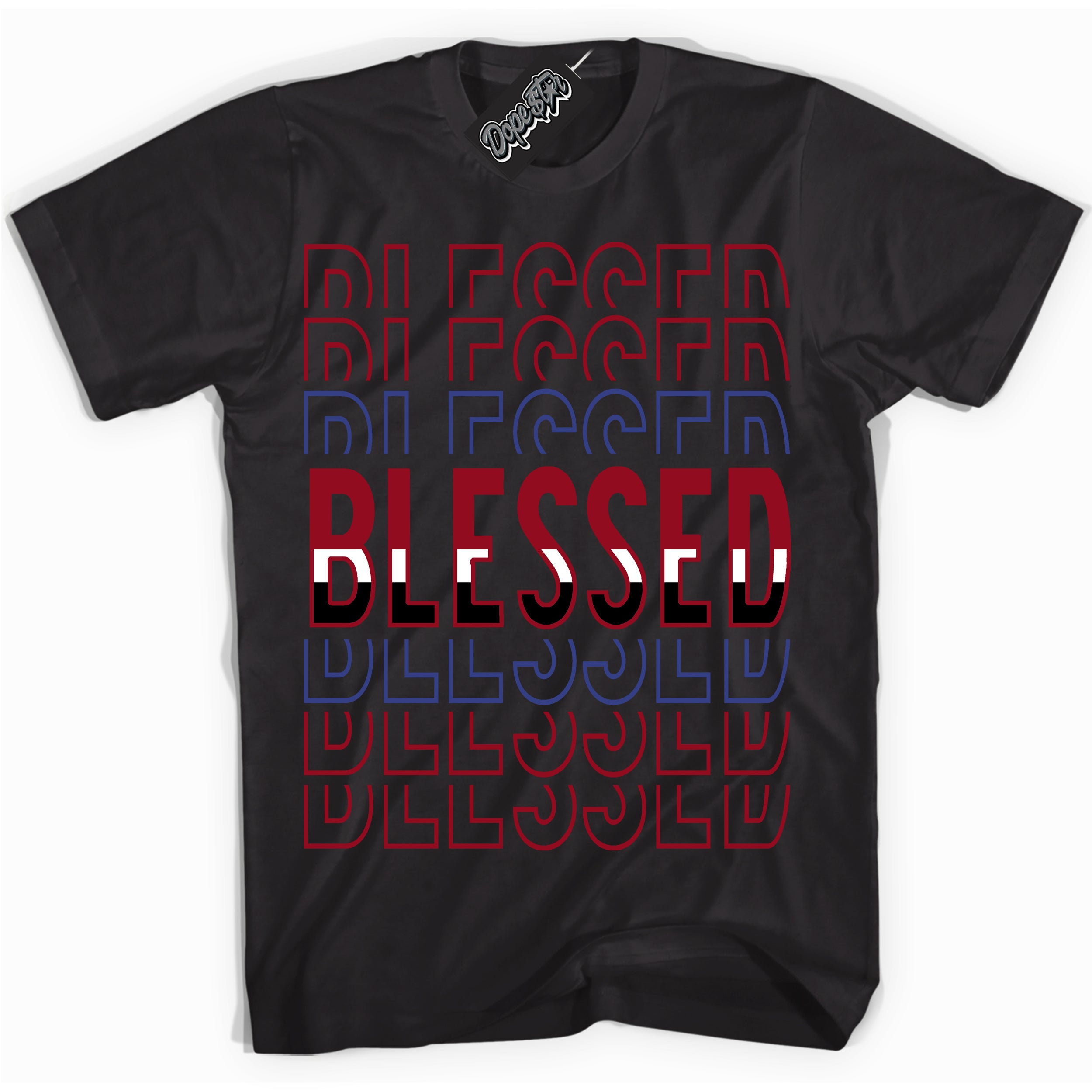 Cool Black Shirt with “ Blessed Stacked ” design that perfectly matches Playoffs 8s Sneakers.