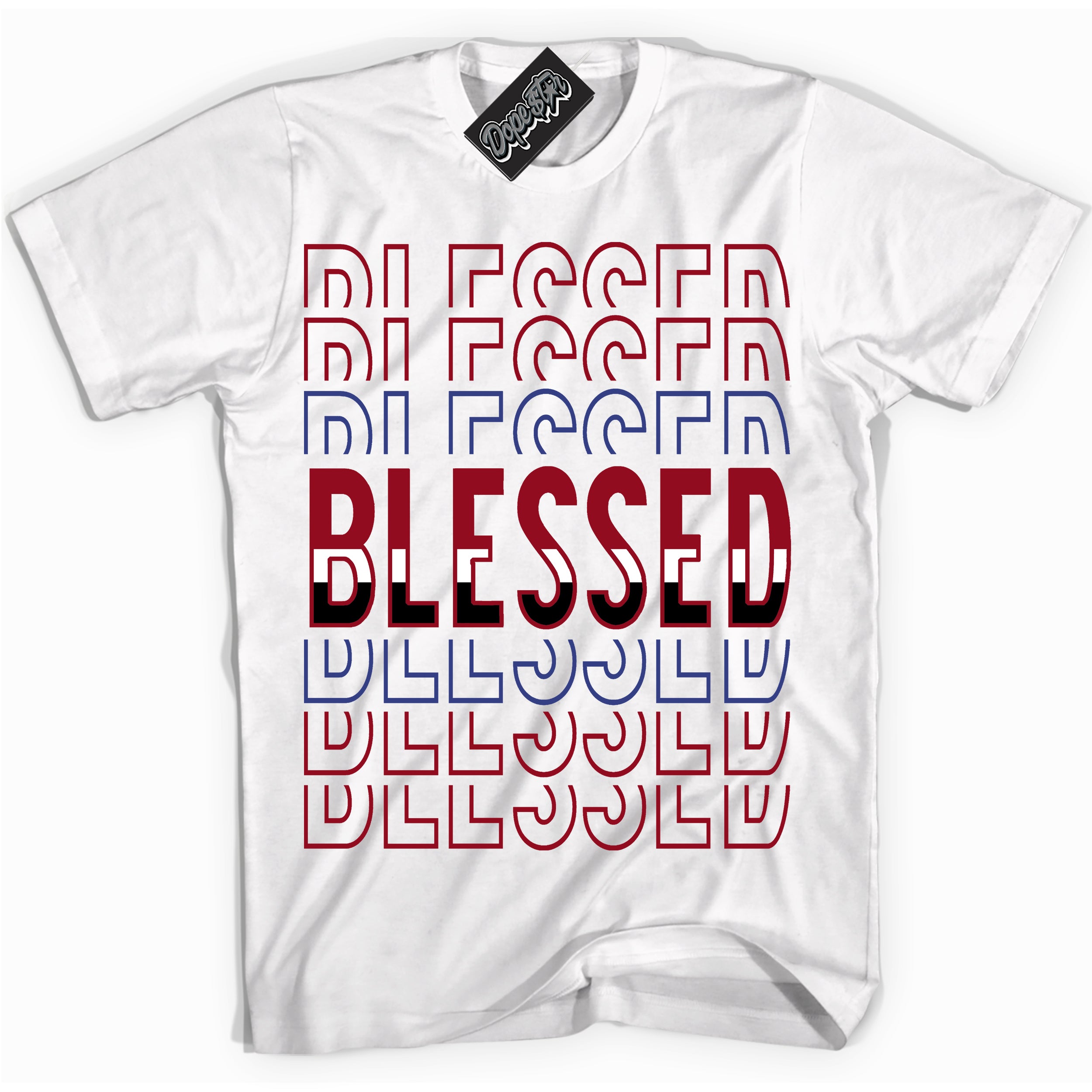 Cool White Shirt with “ Blessed Stacked ” design that perfectly matches Playoffs 8s Sneakers.