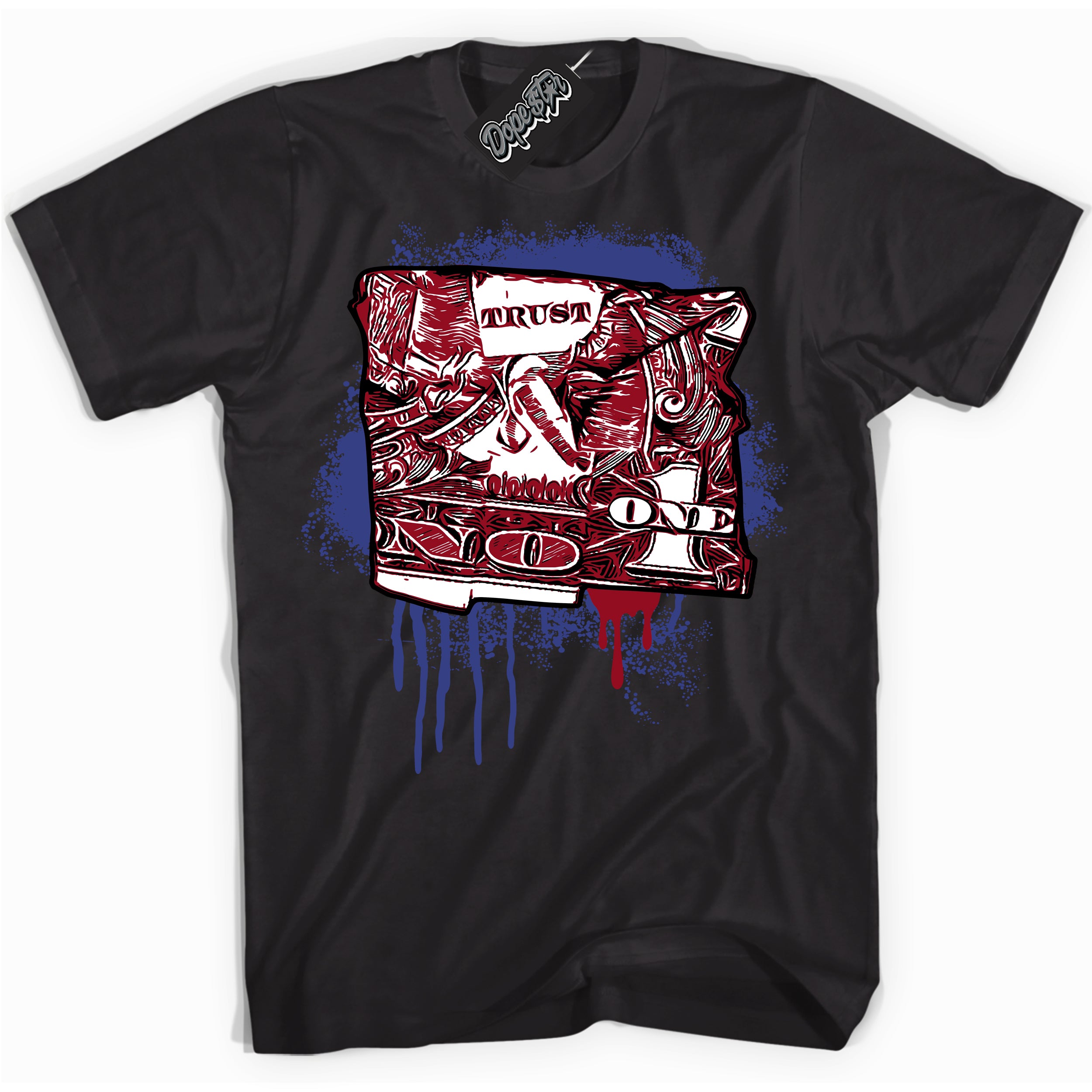 Cool Black Shirt with “ Trust No One Dollar ” design that perfectly matches Playoffs 8s Sneakers.