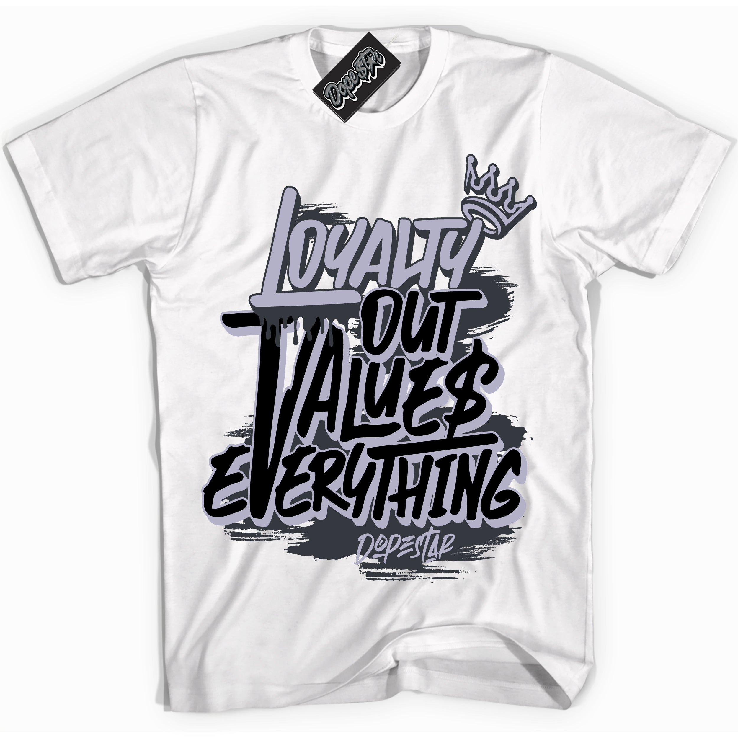 Cool White Shirt with “ Loyalty Out Values Everything” design that perfectly matches Winterized Gunsmoke 8s Sneakers.
