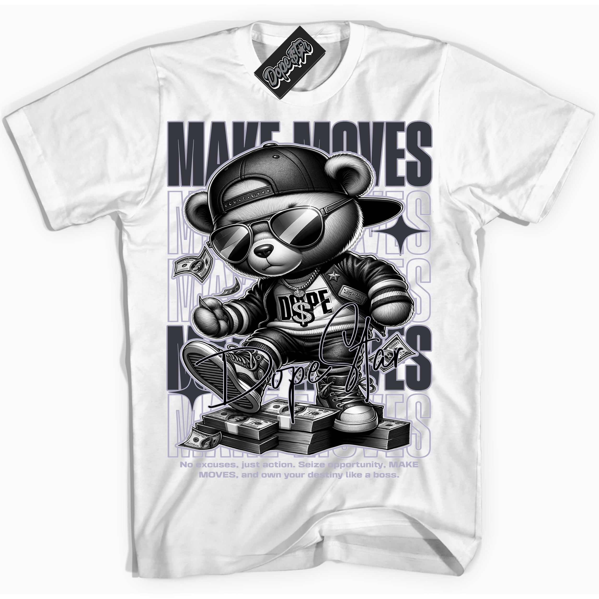 Cool White Shirt with “ Makin Moves” design that perfectly matches Winterized Gunsmoke 8s Sneakers.