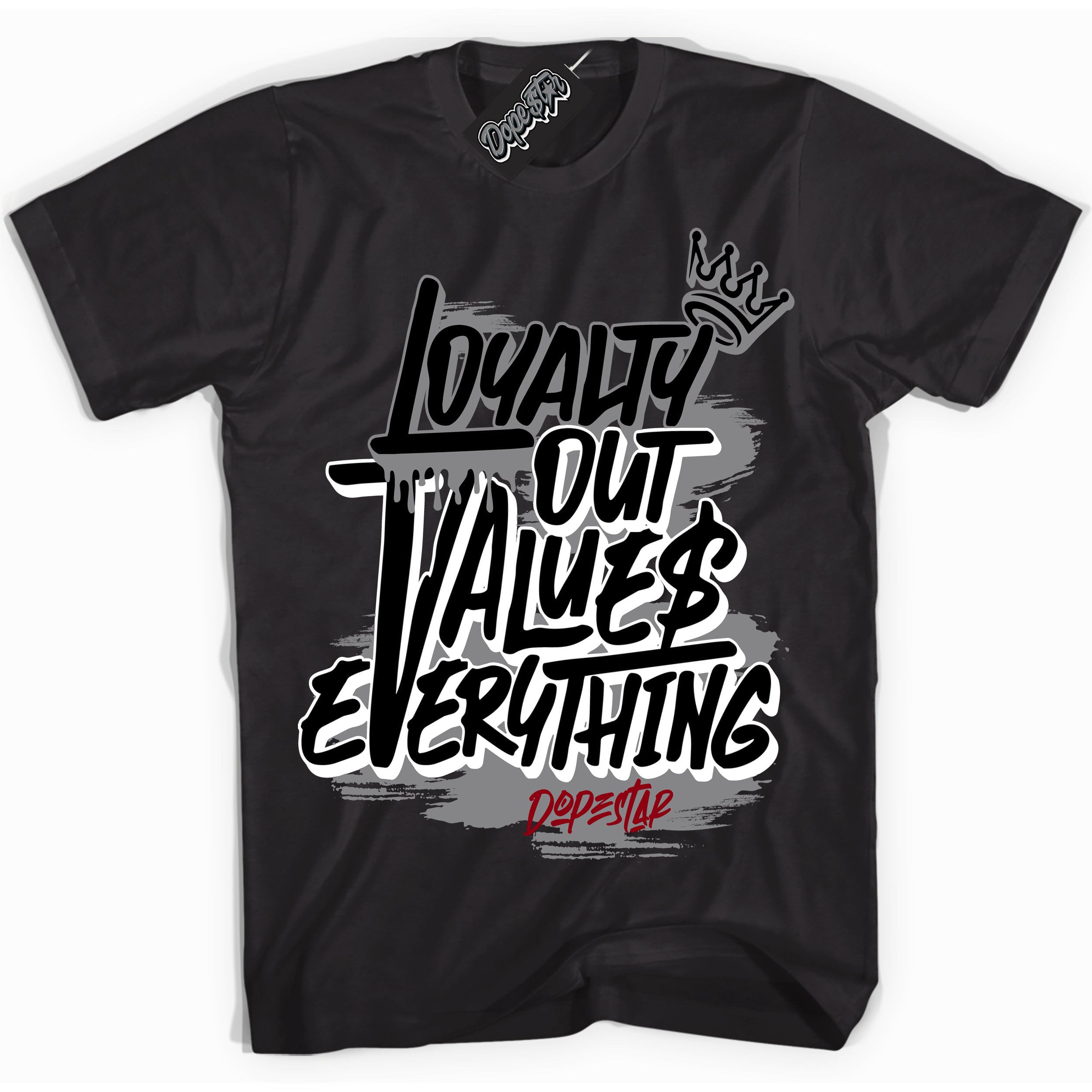 Cool Black Shirt with “ Loyalty Out Values Everything” design that perfectly matches Particle Grey 9s Sneakers.