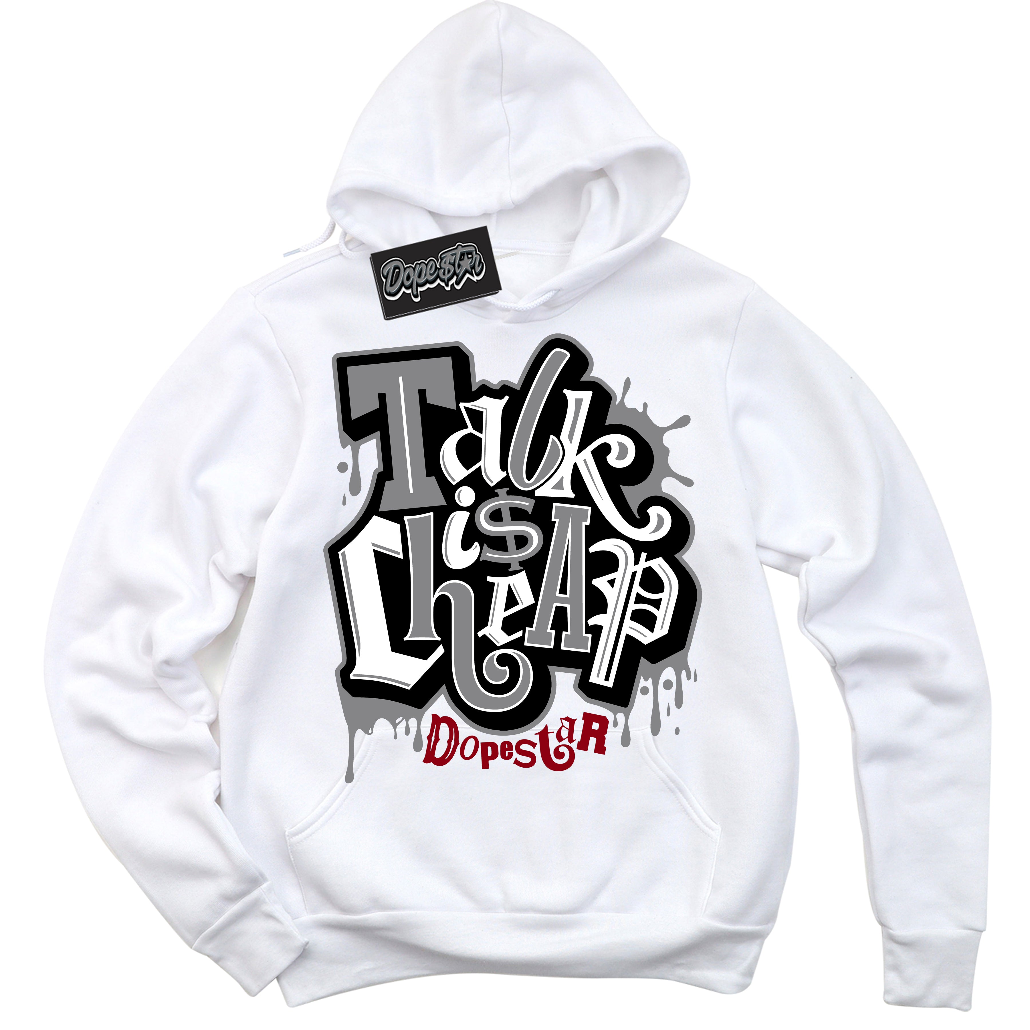 Cool White Hoodie with “ Talk Is Cheap ”  design that Perfectly Matches Particle Grey 9s Sneakers.
