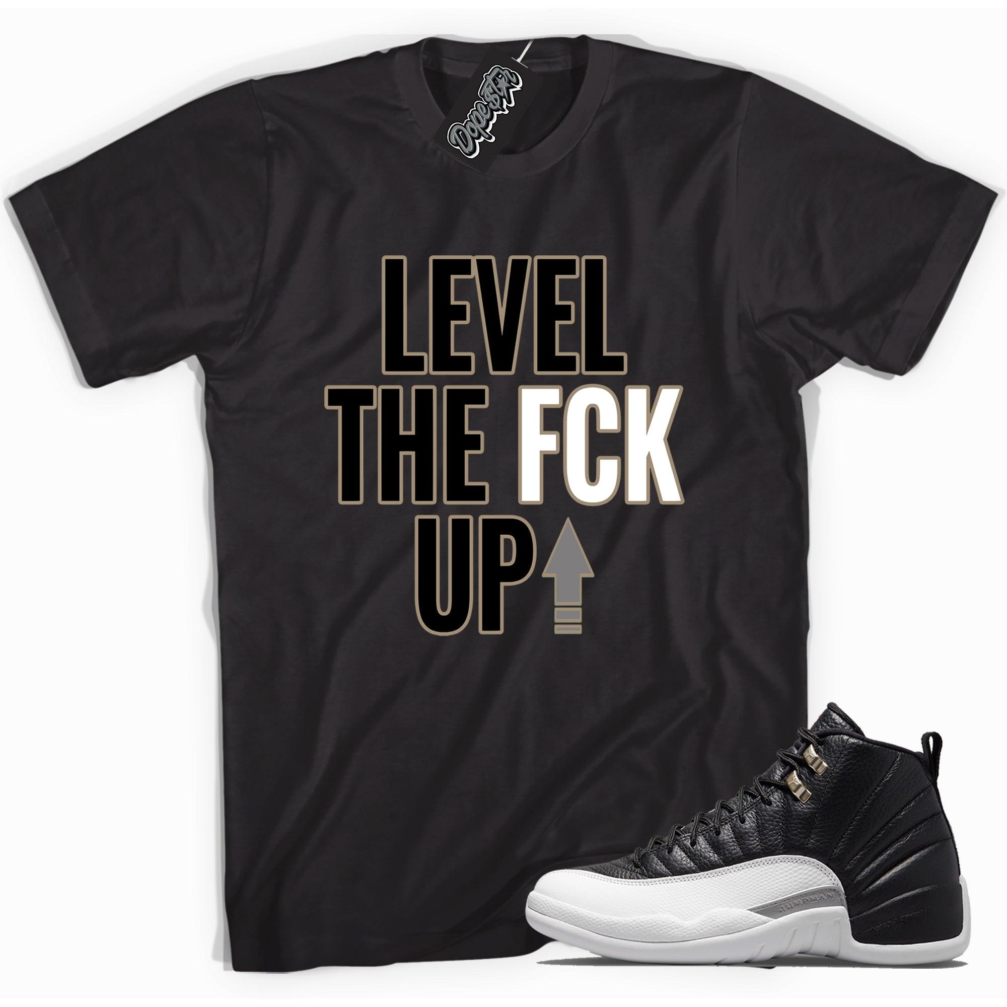 Cool black graphic tee with 'Level Up' print, that perfectly matches Air Jordan 12 Retro Playoffs Toe sneakers.