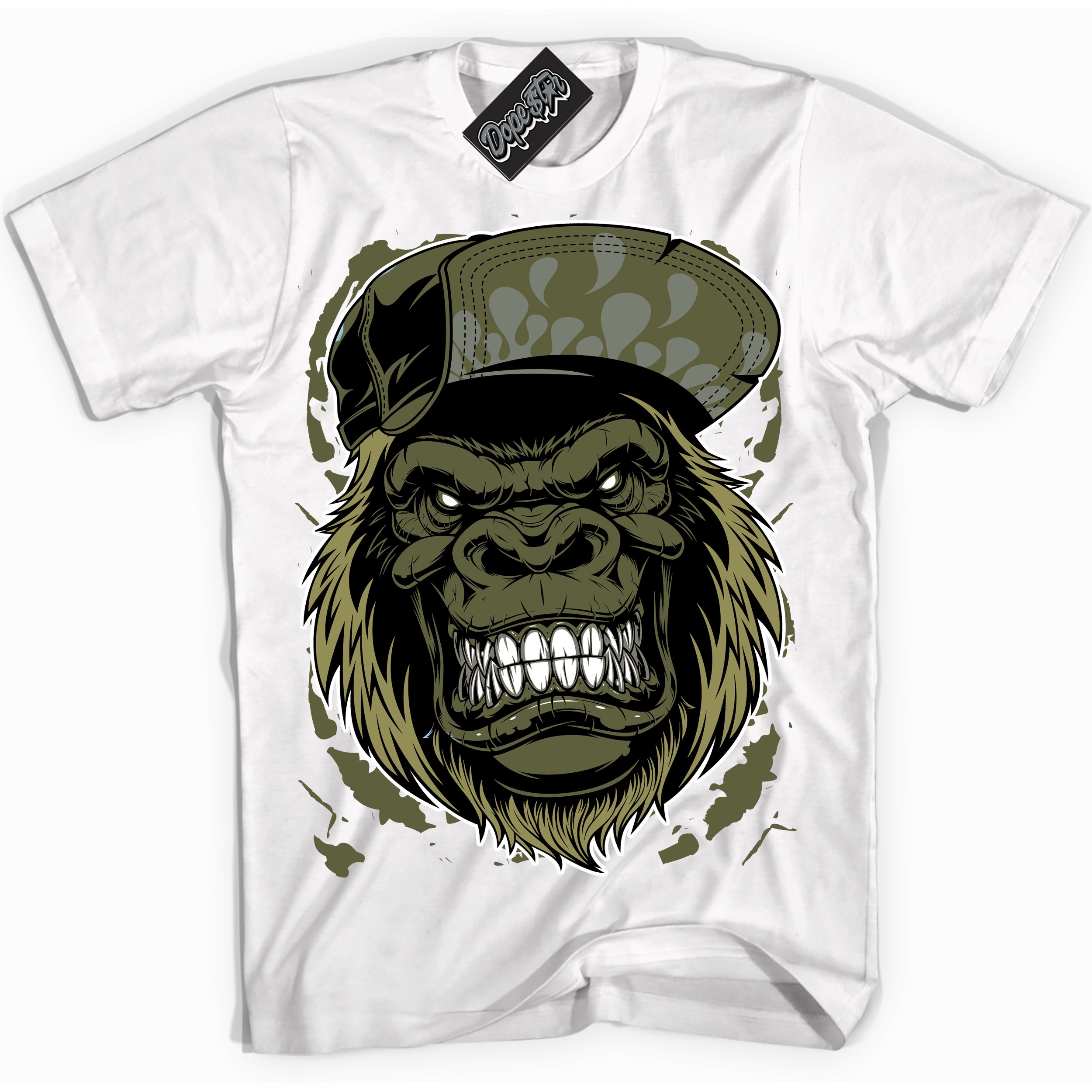 Cool White graphic tee with “ Gorilla Beast ” print, that perfectly matches Craft Olive 4s sneakers