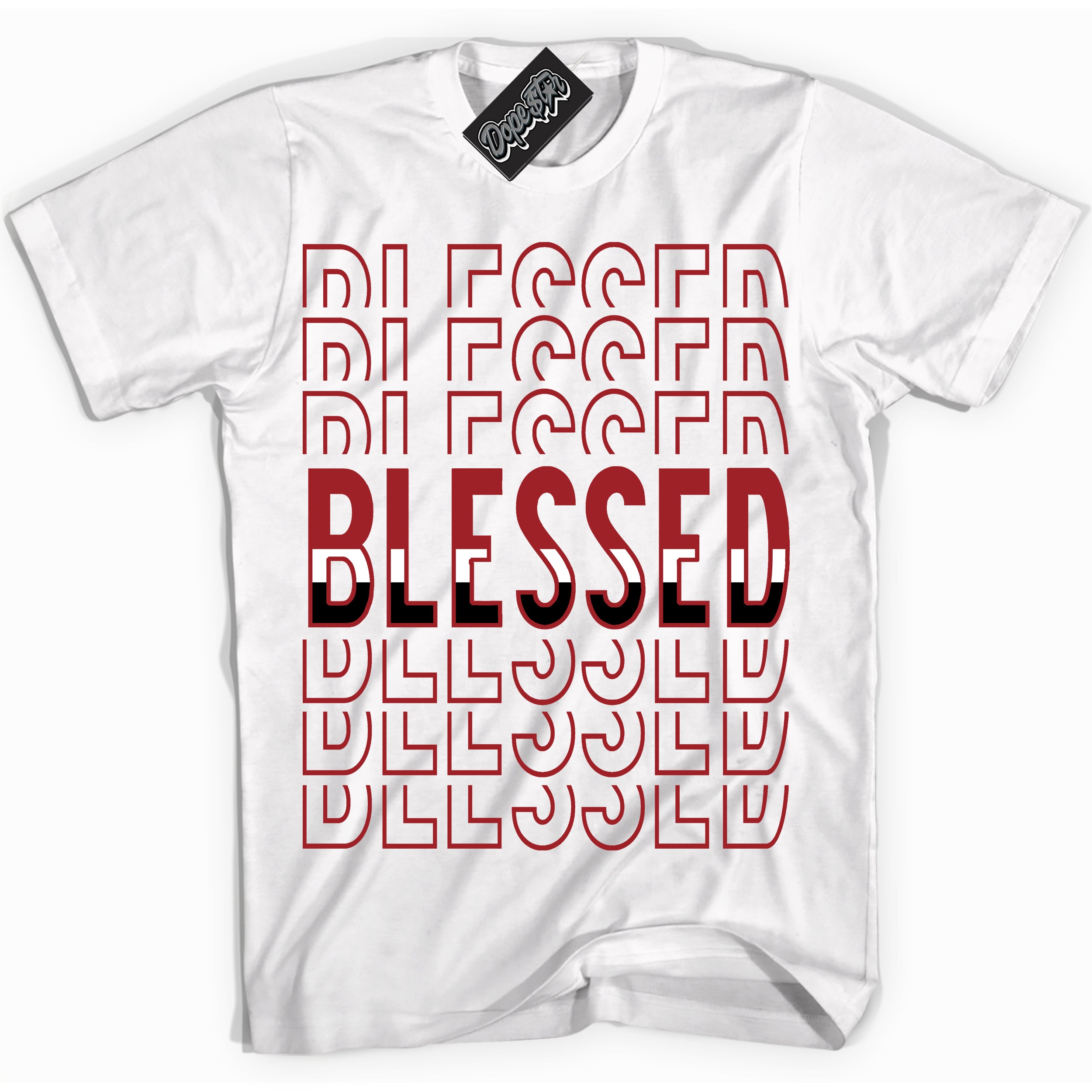 Cool White graphic tee with “ Blessed Stacked ” print, that perfectly matches Lost And Found 1s sneakers