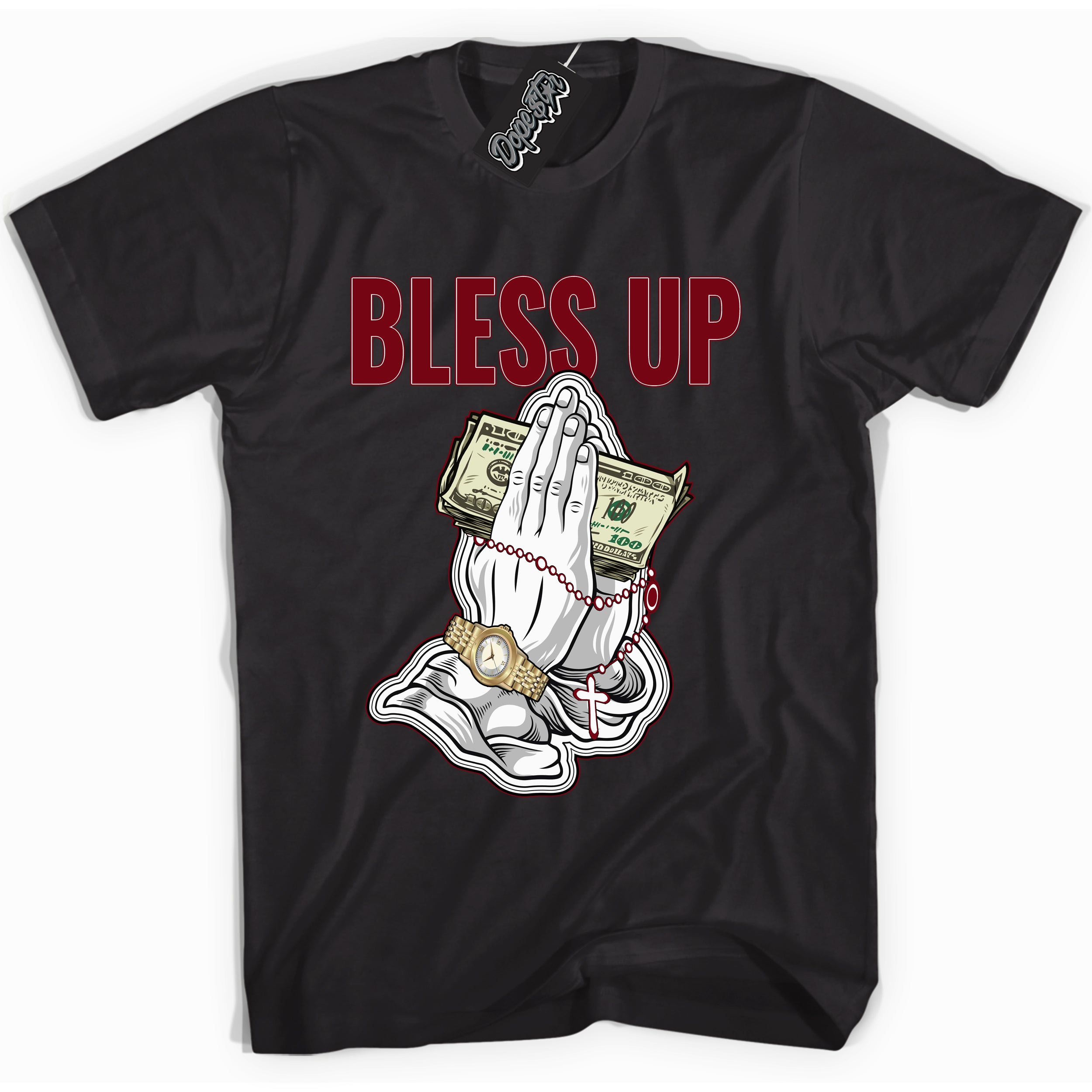 Cool Black graphic tee with “ Bless Up ” print, that perfectly matches OG Metallic Burgundy 1s sneakers