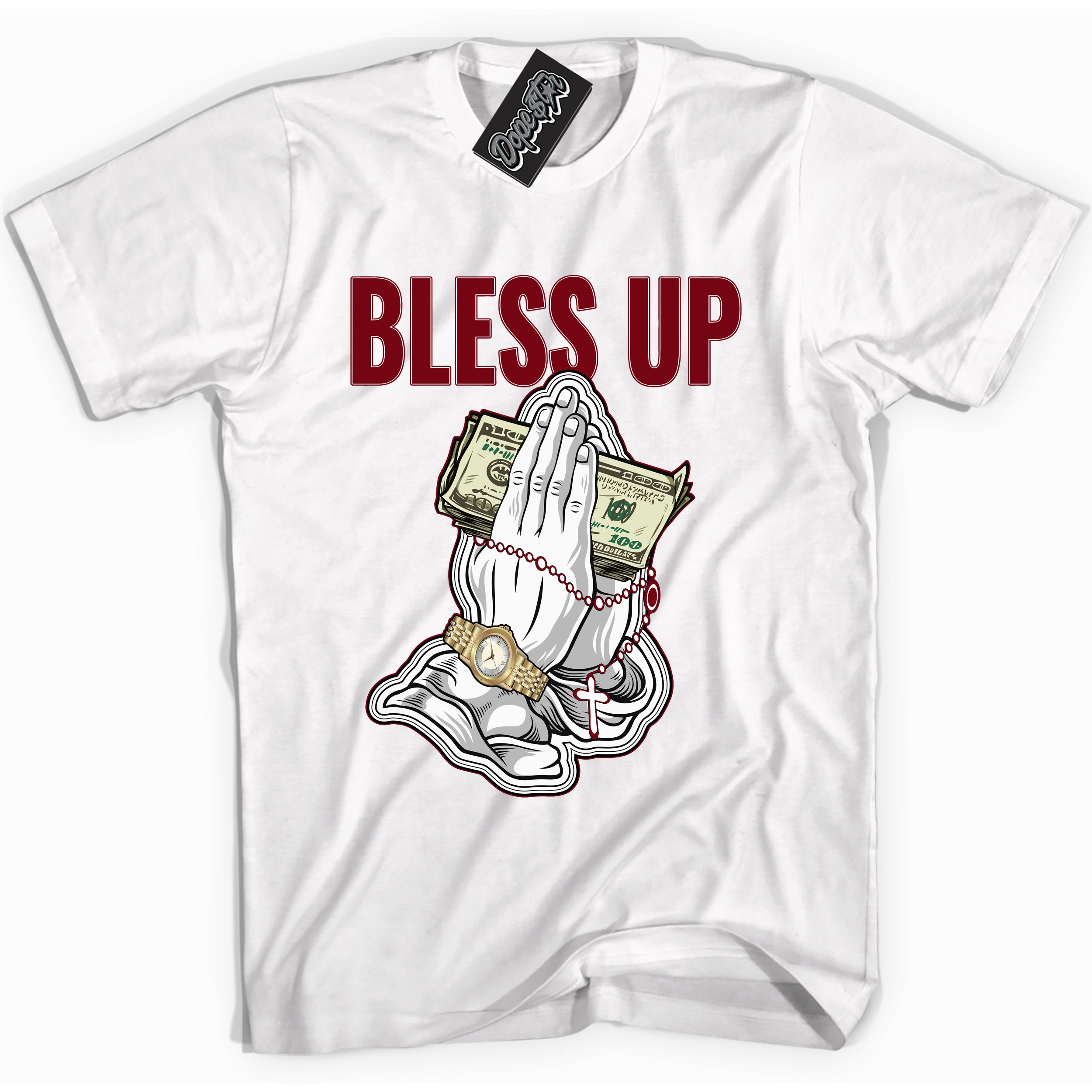 Cool White graphic tee with “ Bless Up ” print, that perfectly matches OG Metallic Burgundy 1s sneakers