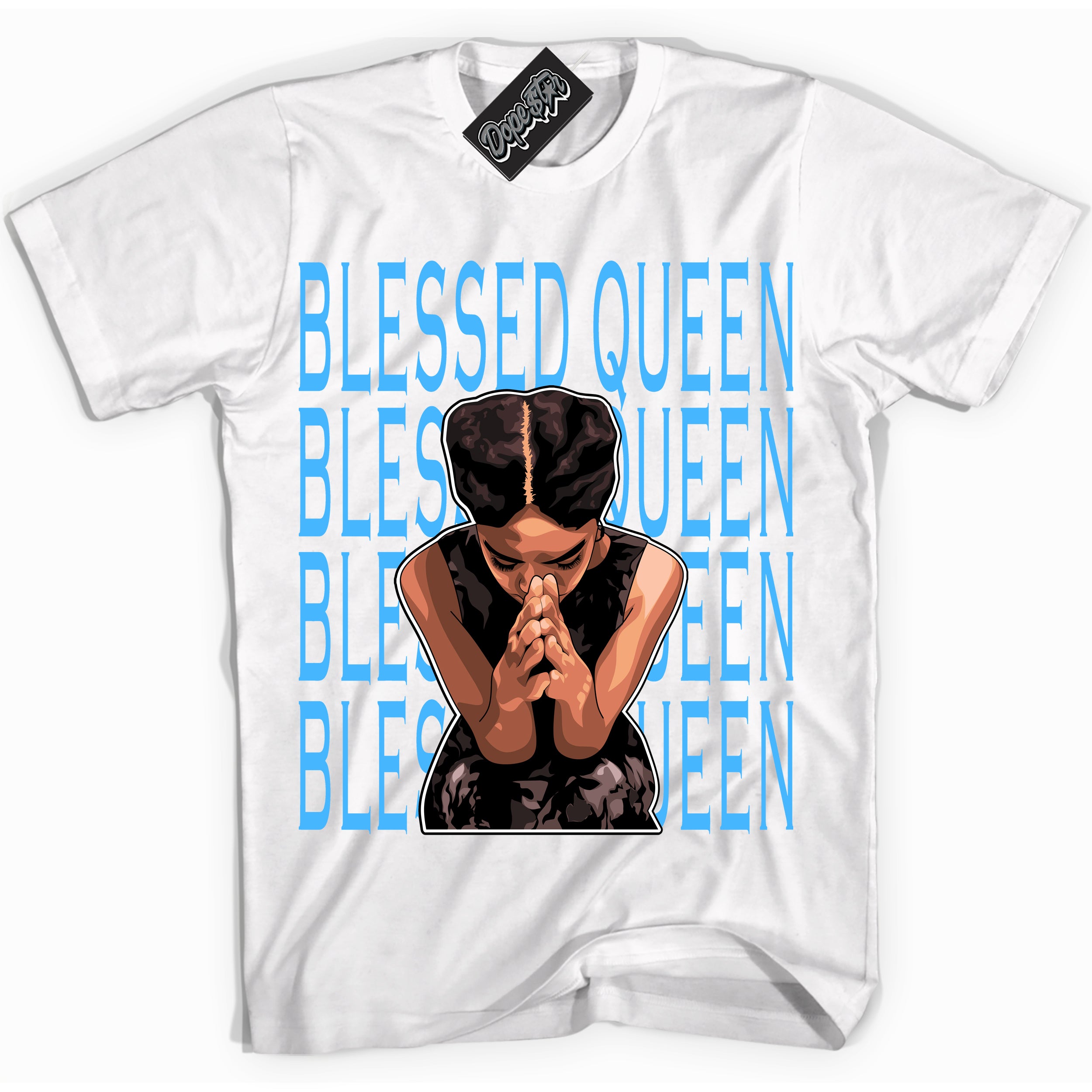 Cool White graphic tee with “ Blessed Queen ” design, that perfectly matches Powder Blue 9s sneakers