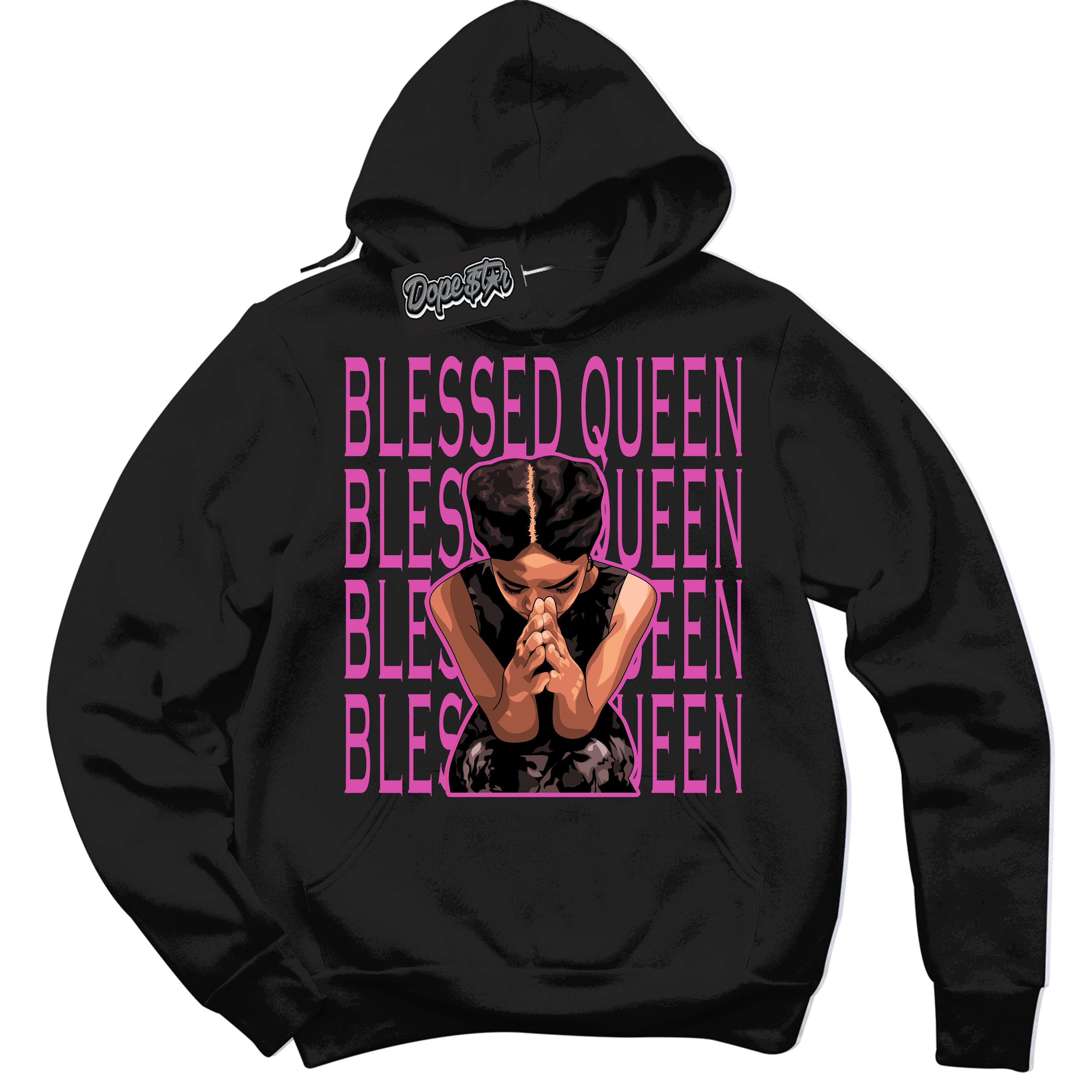 Black Hoodie with playful pink and black "Blessed Queen" graphic, made to match Air Max 1 Valentine's Day sneakers | Sneaker Shirts Outlet