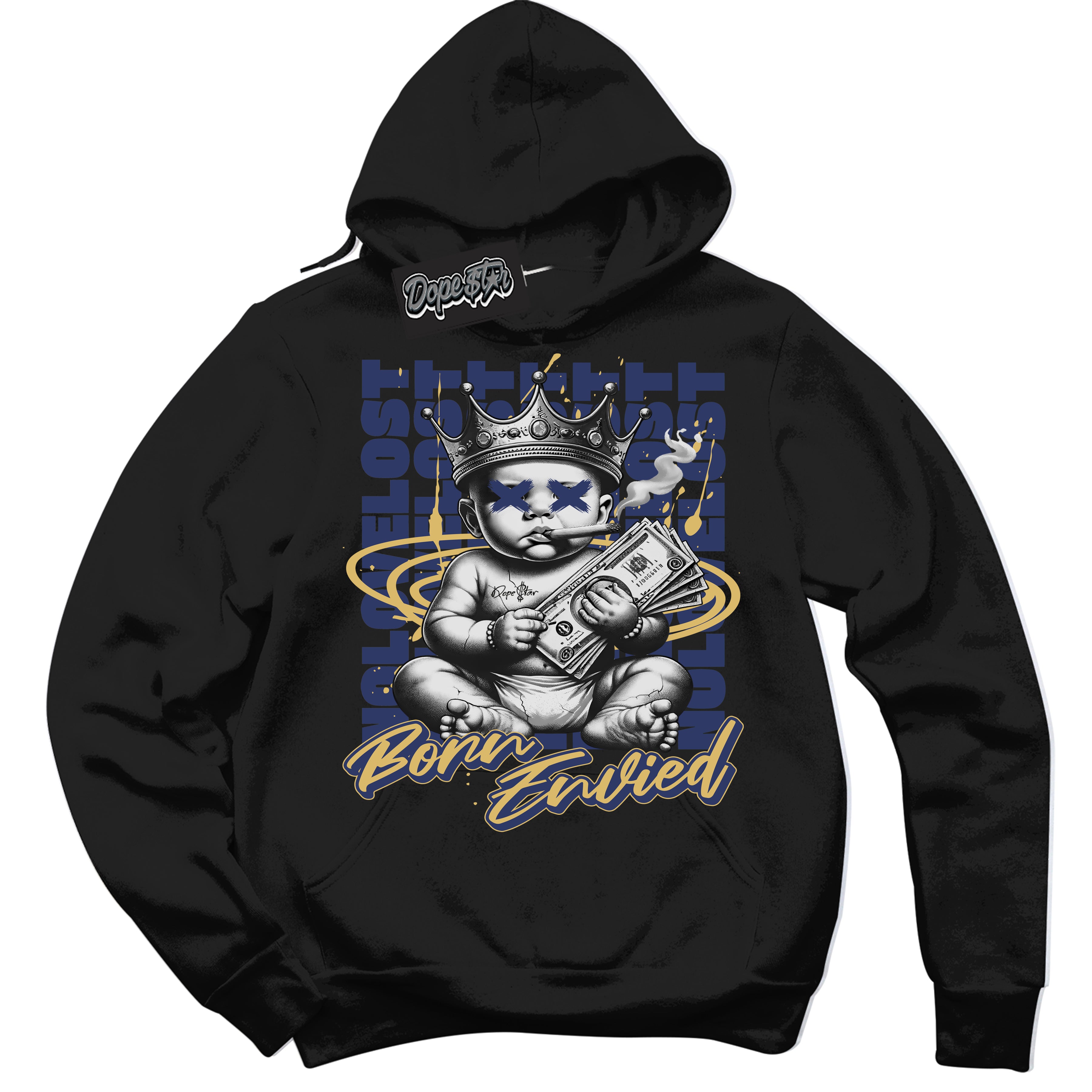 Cool Black Hoodie with “Born Envied” design that Perfectly Matches Method Of Make Navy Metallic Gold 1s Sneakers.