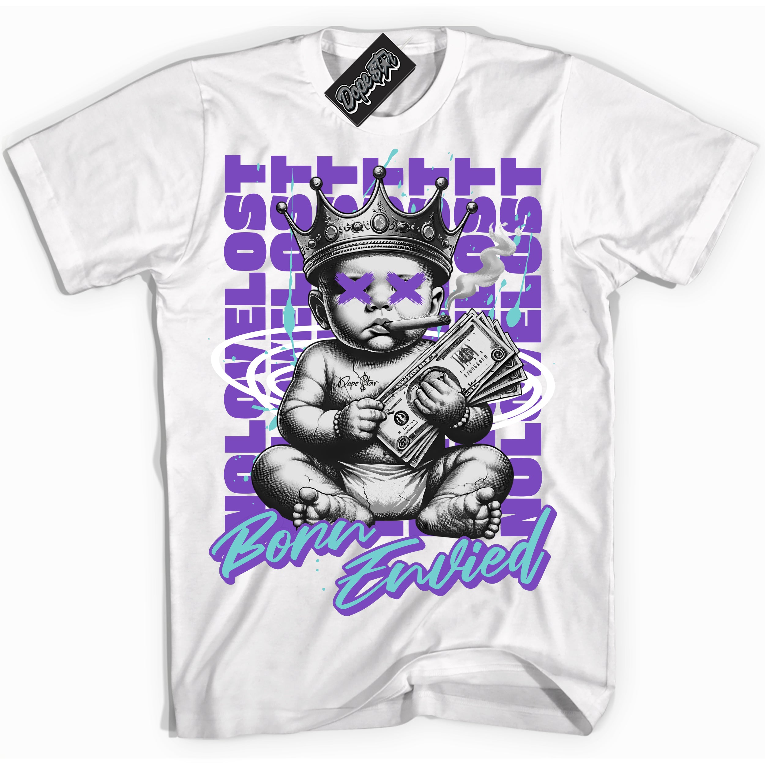Cool White Shirt with “Born Envied” design that perfectly matches the Psychic Purple Hyper Jade 1s Sneakers.