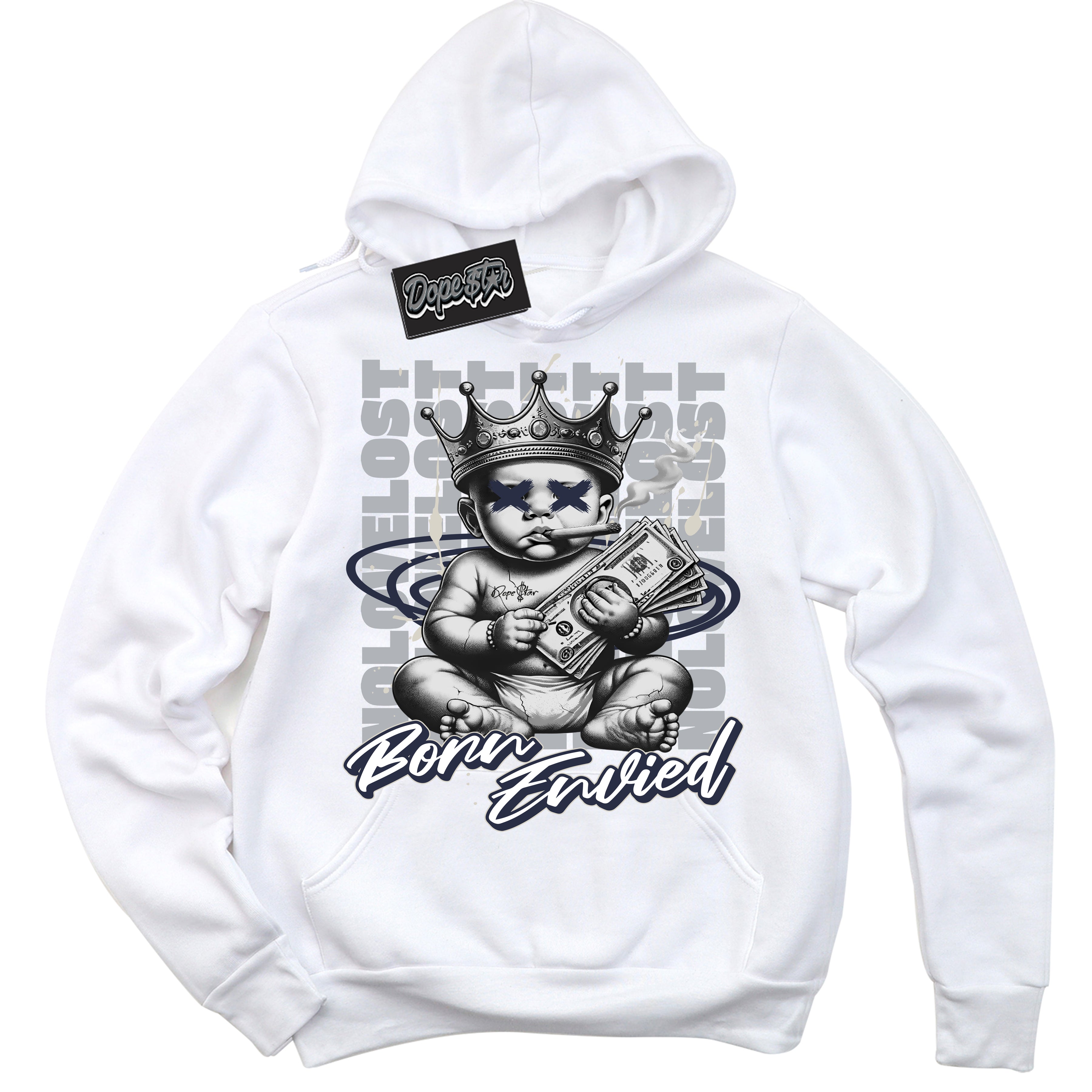 Cool White Hoodie with “Born Envied” design that Perfectly Matches Midnight Navy 3s Sneakers.