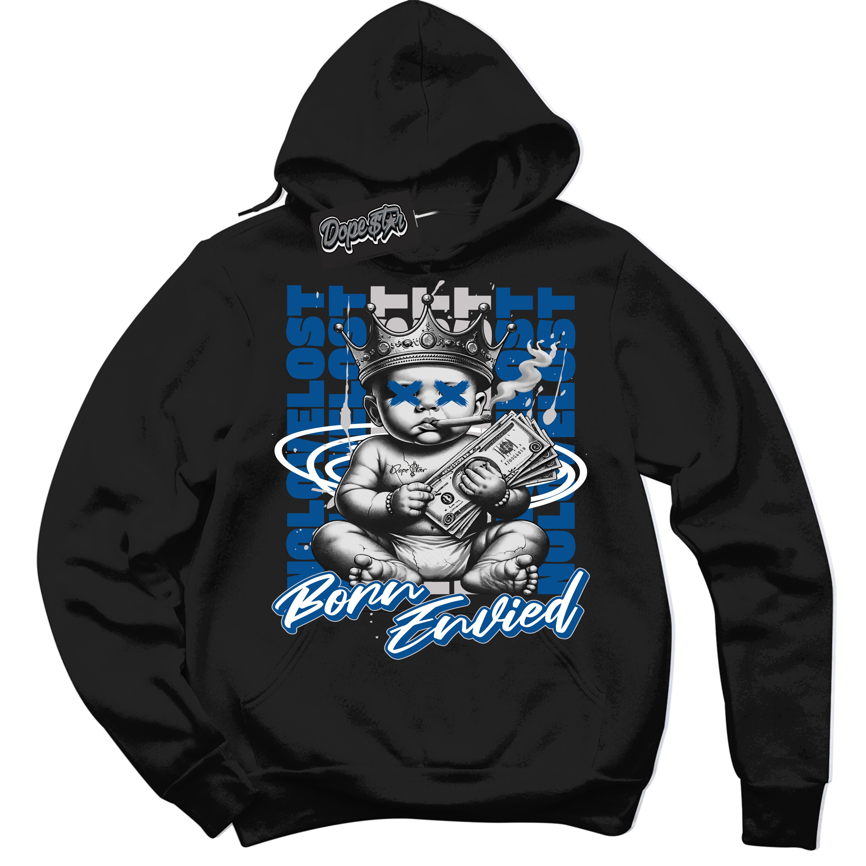 Cool Black Hoodie with “Born Envied” design that Perfectly Matches Military Blue 4s Sneakers.