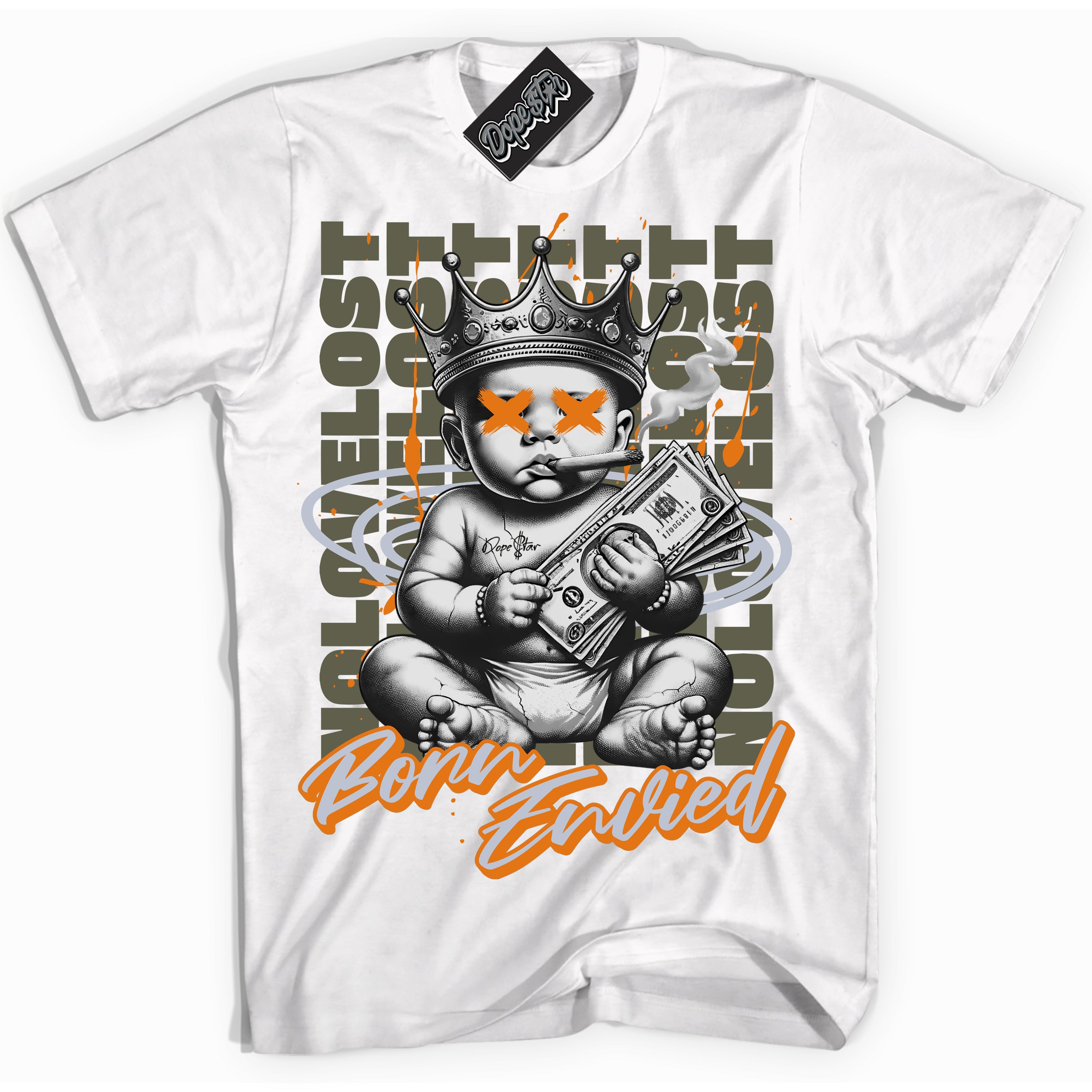 Cool White Shirt with “Born Envied” design that perfectly matches the Olive 5s Sneakers.