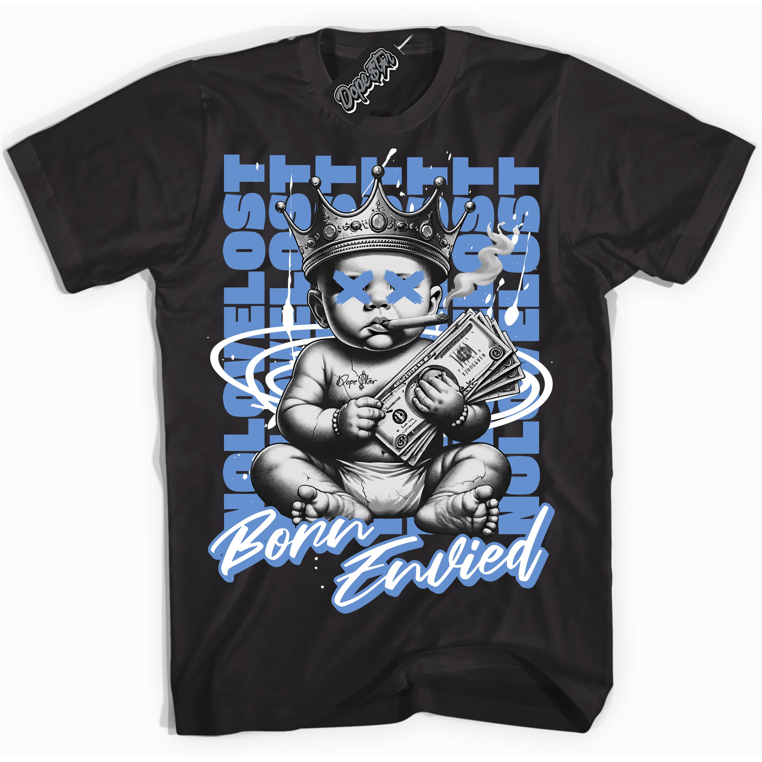 Cool Black Shirt with “Born Envied” design that perfectly matches the Polar Blue Dunk Sneakers.