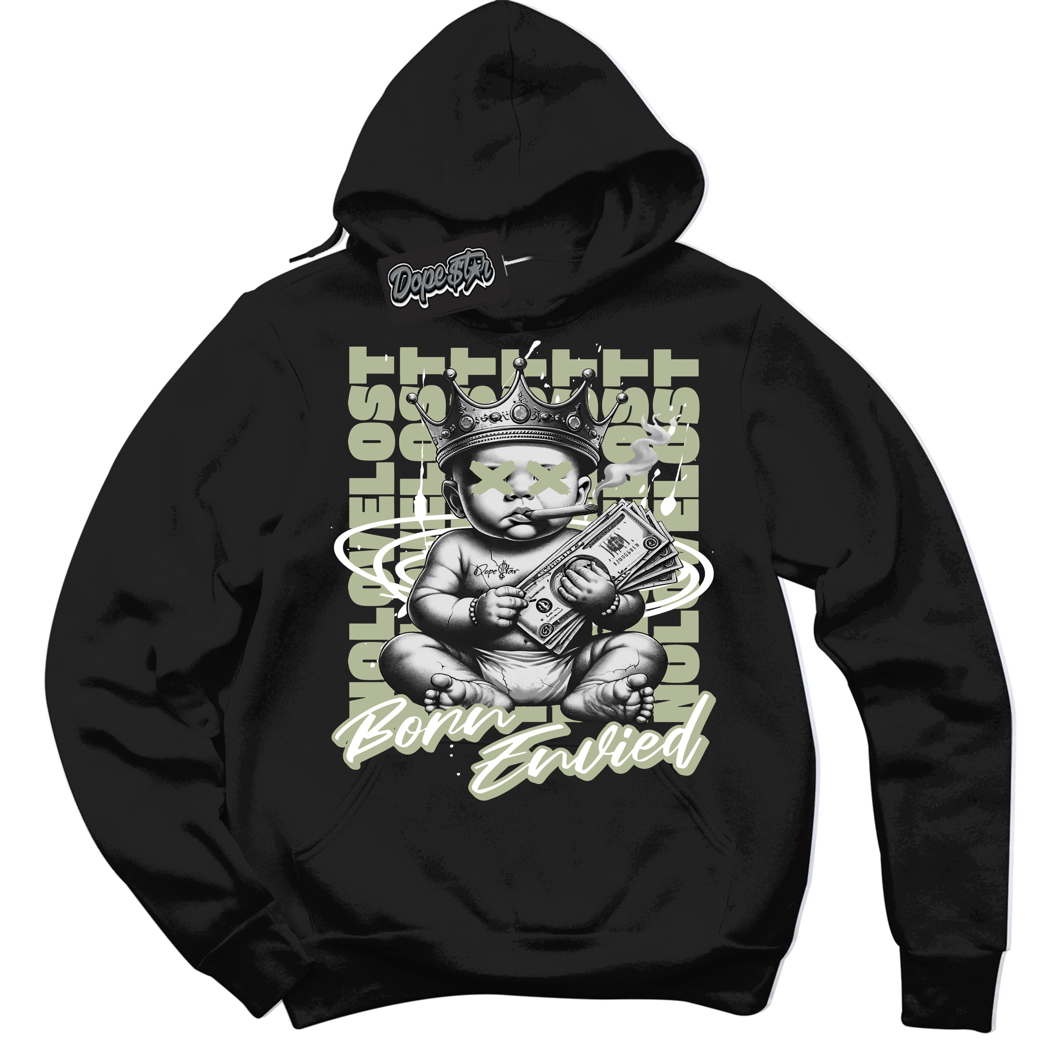Cool Black Hoodie with “Born Envied” design that Perfectly Matches Next Nature Olive Aura Dunk Sneakers.