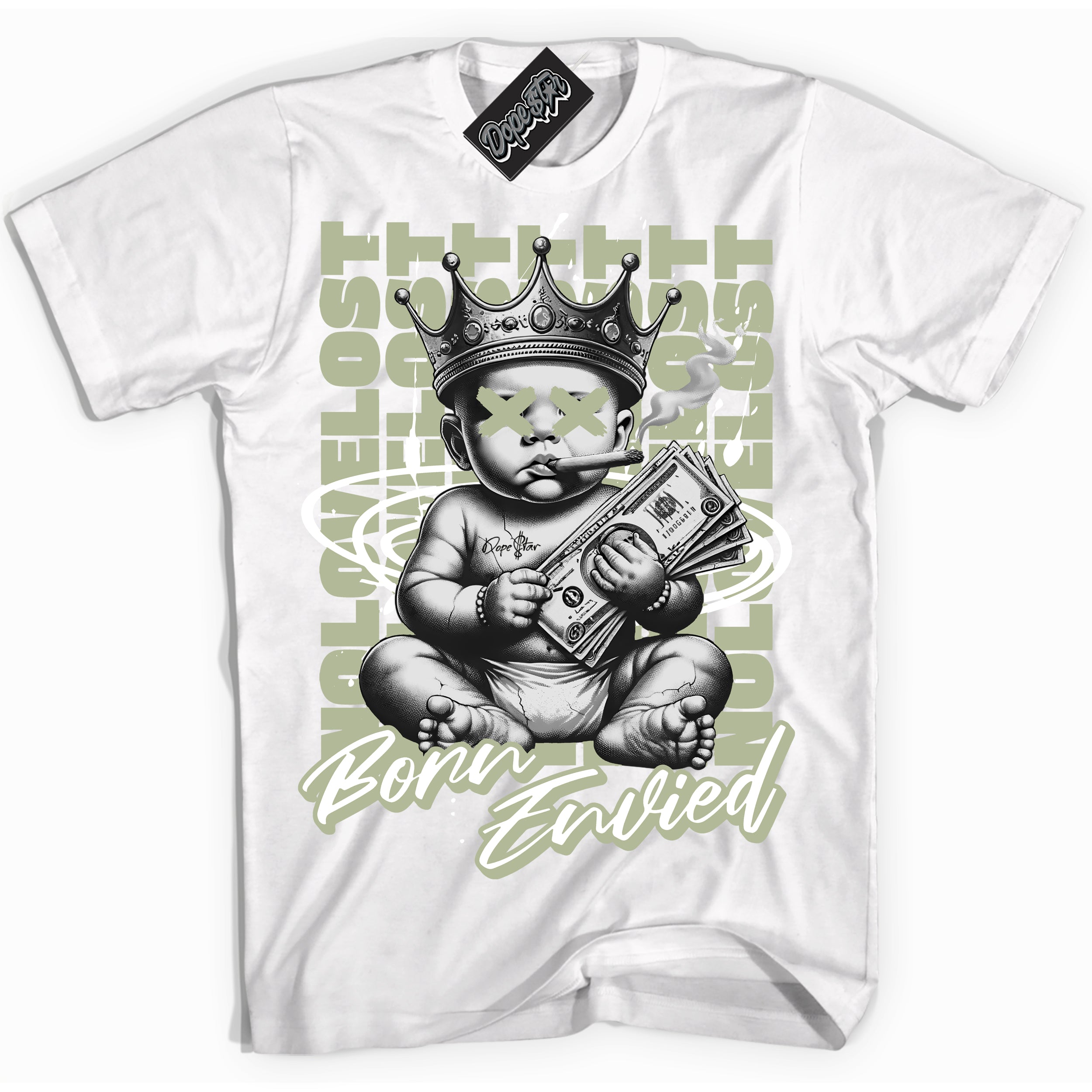 Cool White Shirt with “Born Envied” design that perfectly matches the Next Nature Olive Aura Dunk Sneakers.