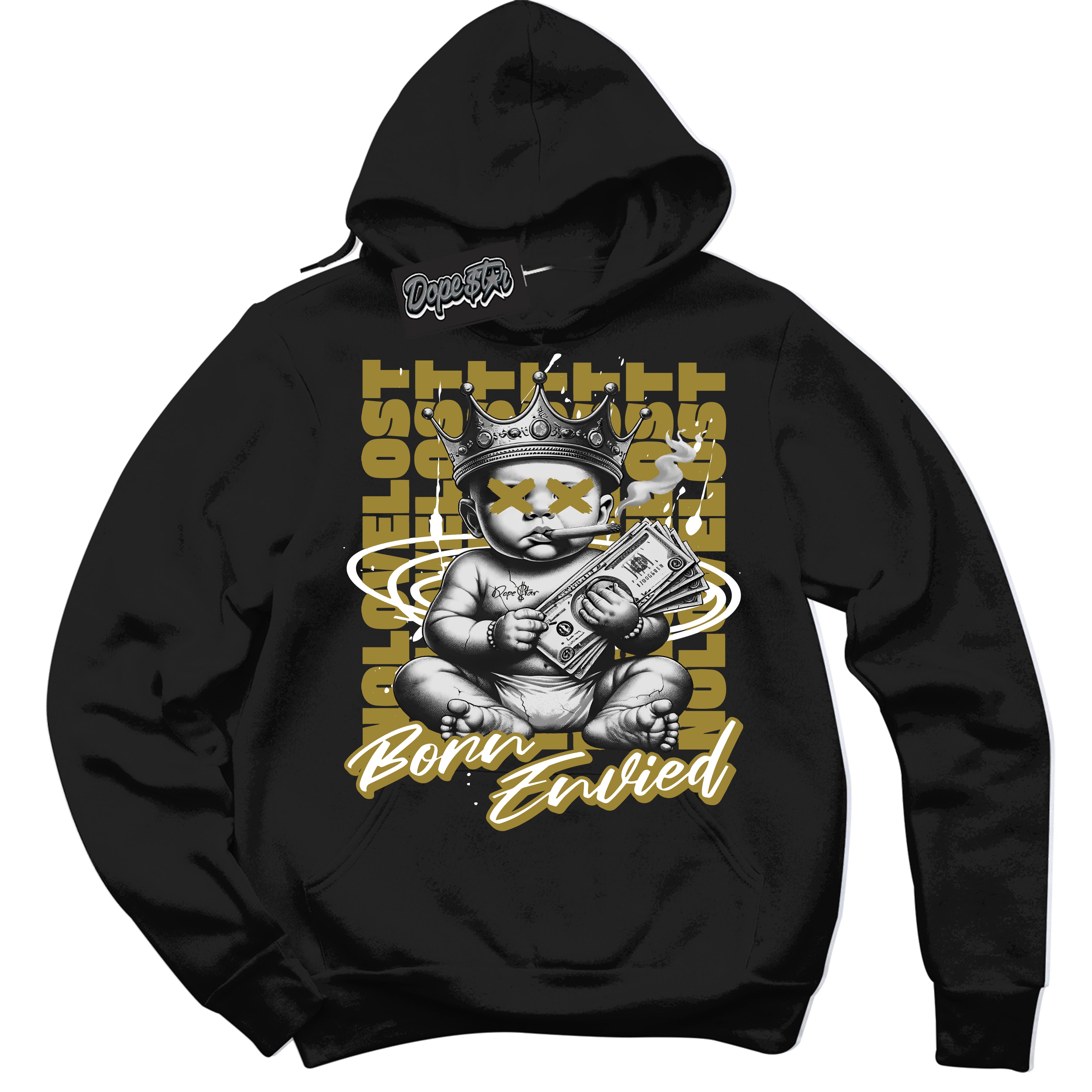 Cool Black Hoodie with “Born Envied” design that Perfectly Matches Pacific Moss Dunk Sneakers.