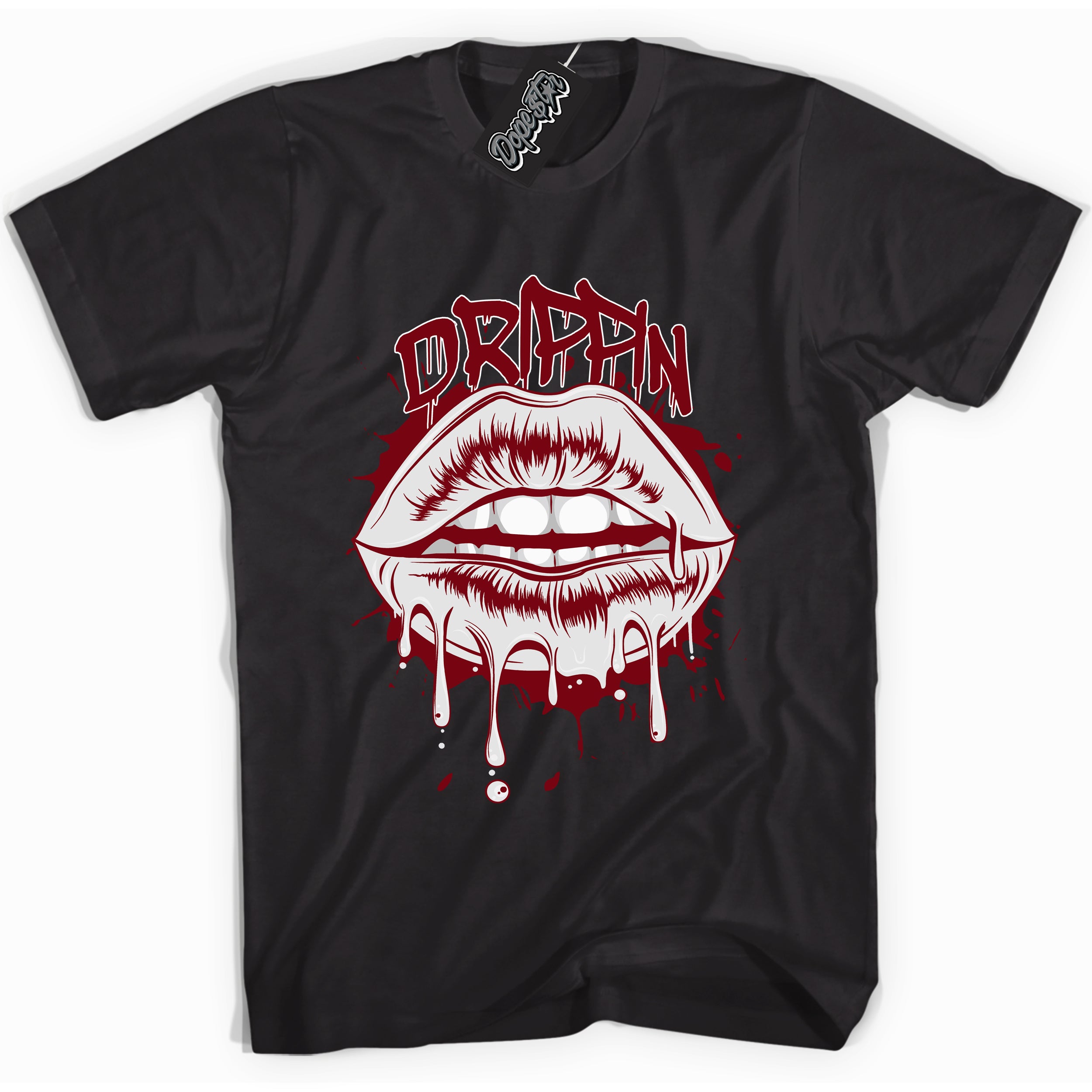 Cool Black graphic tee with “ Drippin ” print, that perfectly matches OG Metallic Burgundy 1s sneakers