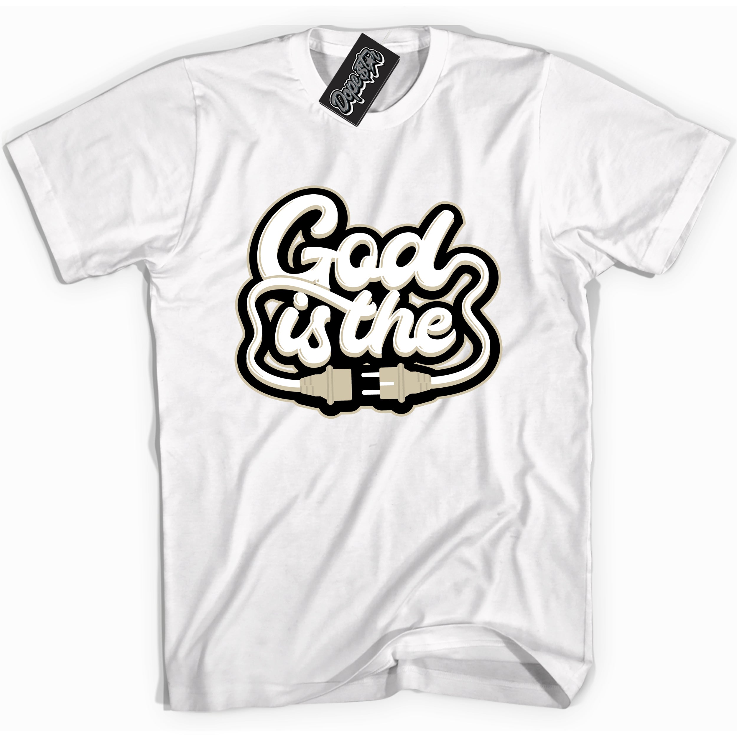 Cool White graphic tee with “ God Is The Plug ” print, that perfectly matches GRATITUDE 11s  sneakers