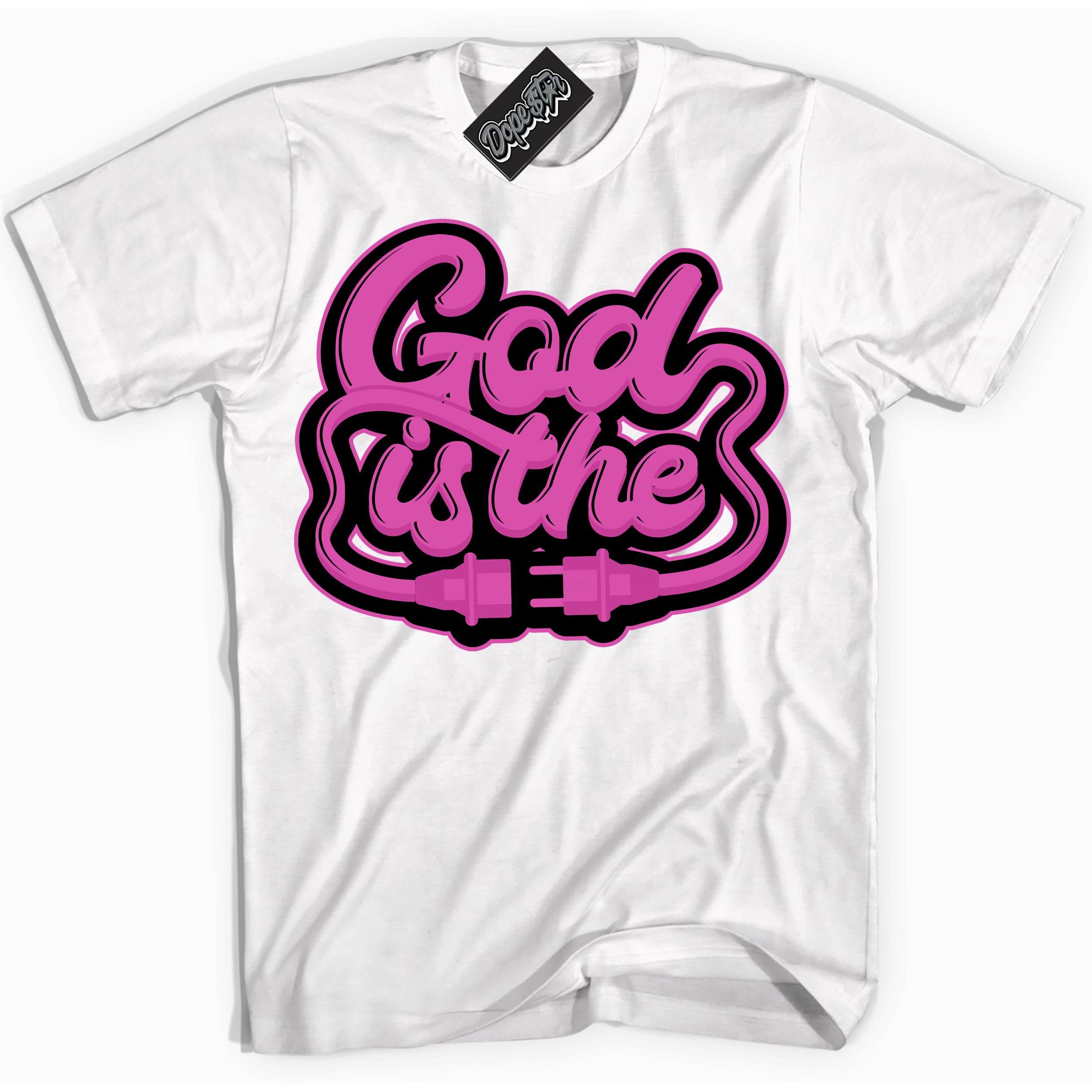 White T-shirt with playful pink and black "God Is The" graphic, made to match Air Max 1 Valentine's Day sneakers | Sneaker Shirts Outlet