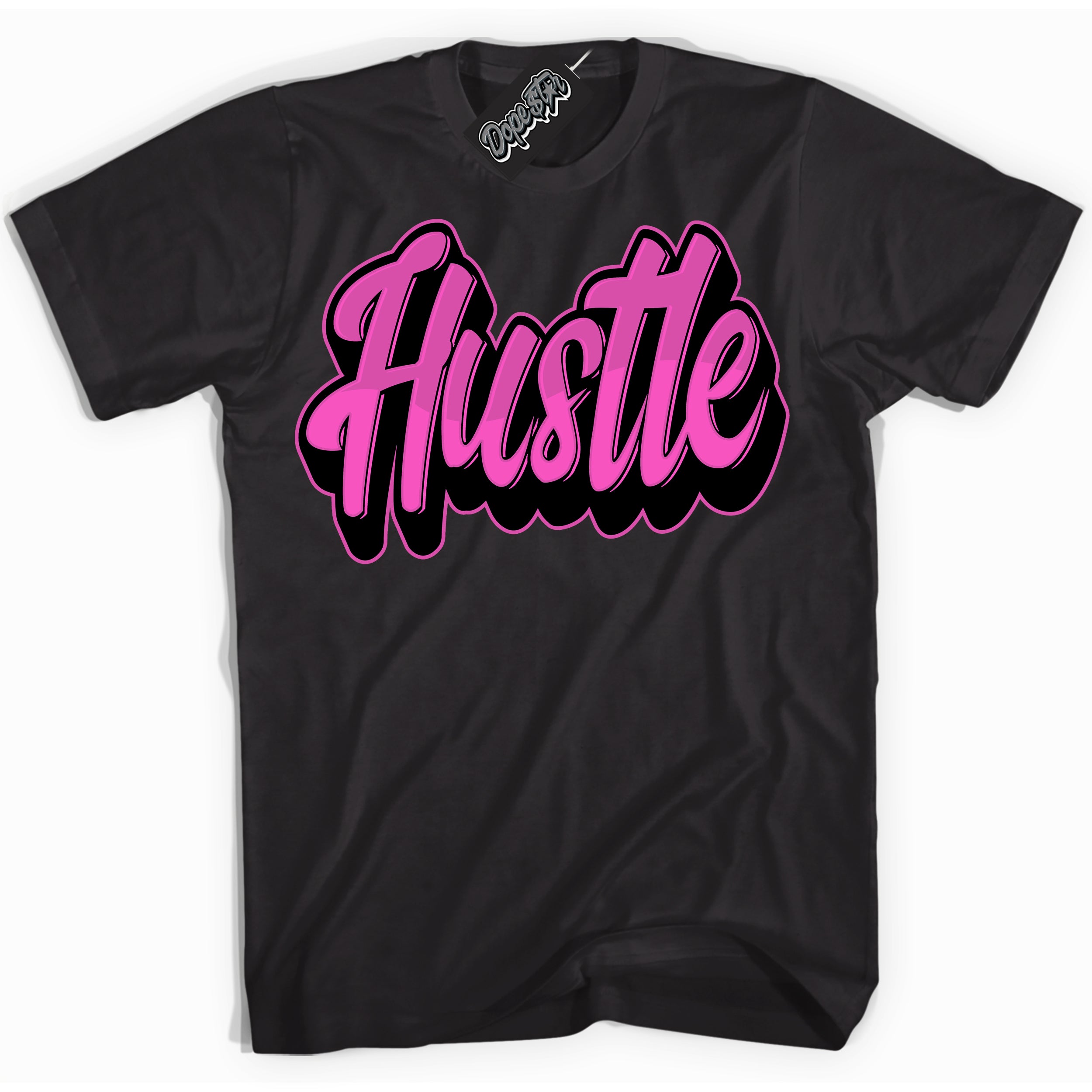 Black T-shirt with playful pink and black "Hustle" graphic, made to match Air Max 1 Valentine's Day sneakers | Sneaker Shirts Outlet
