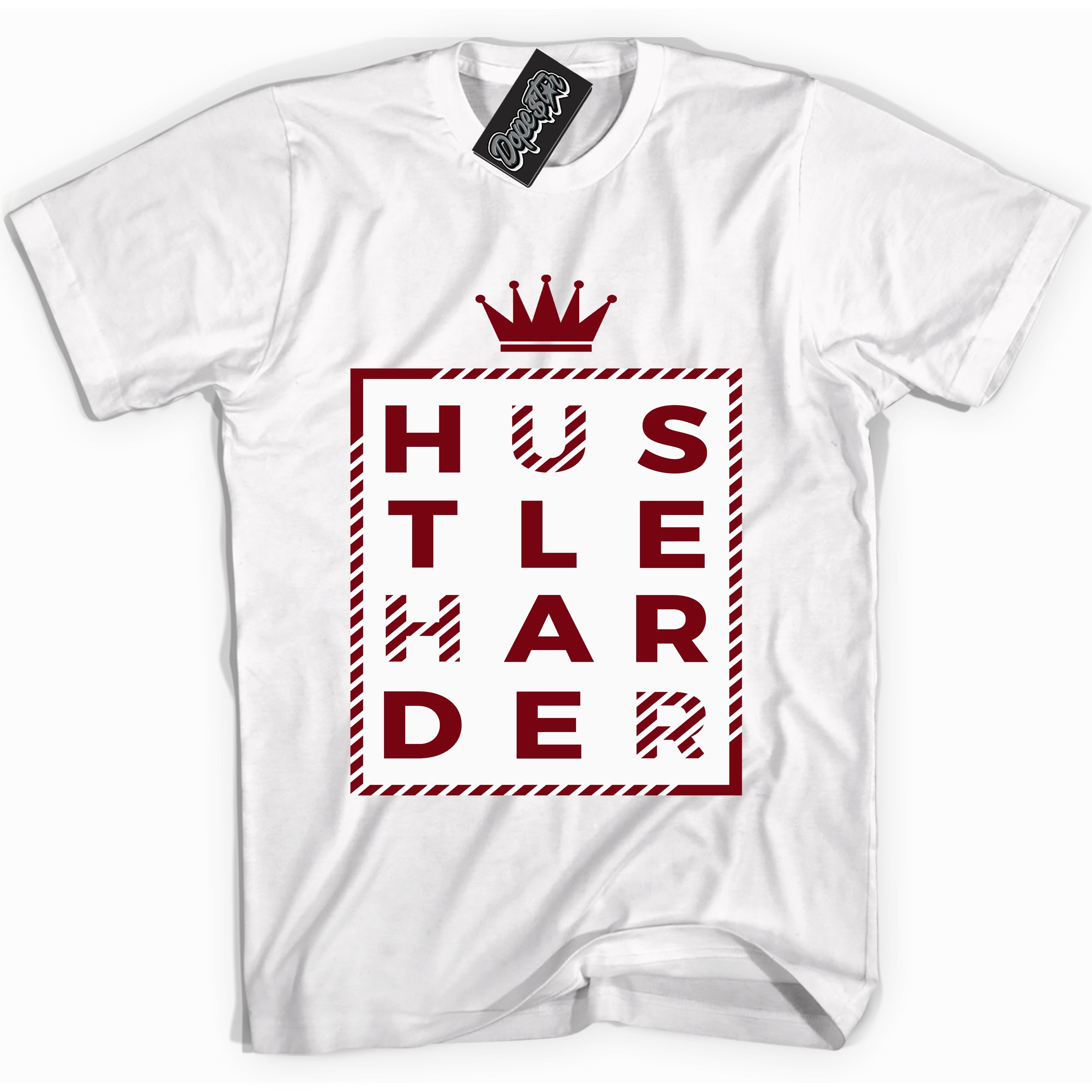 Cool White graphic tee with “ Hustle Harder ” print, that perfectly matches OG Metallic Burgundy 1s sneakers