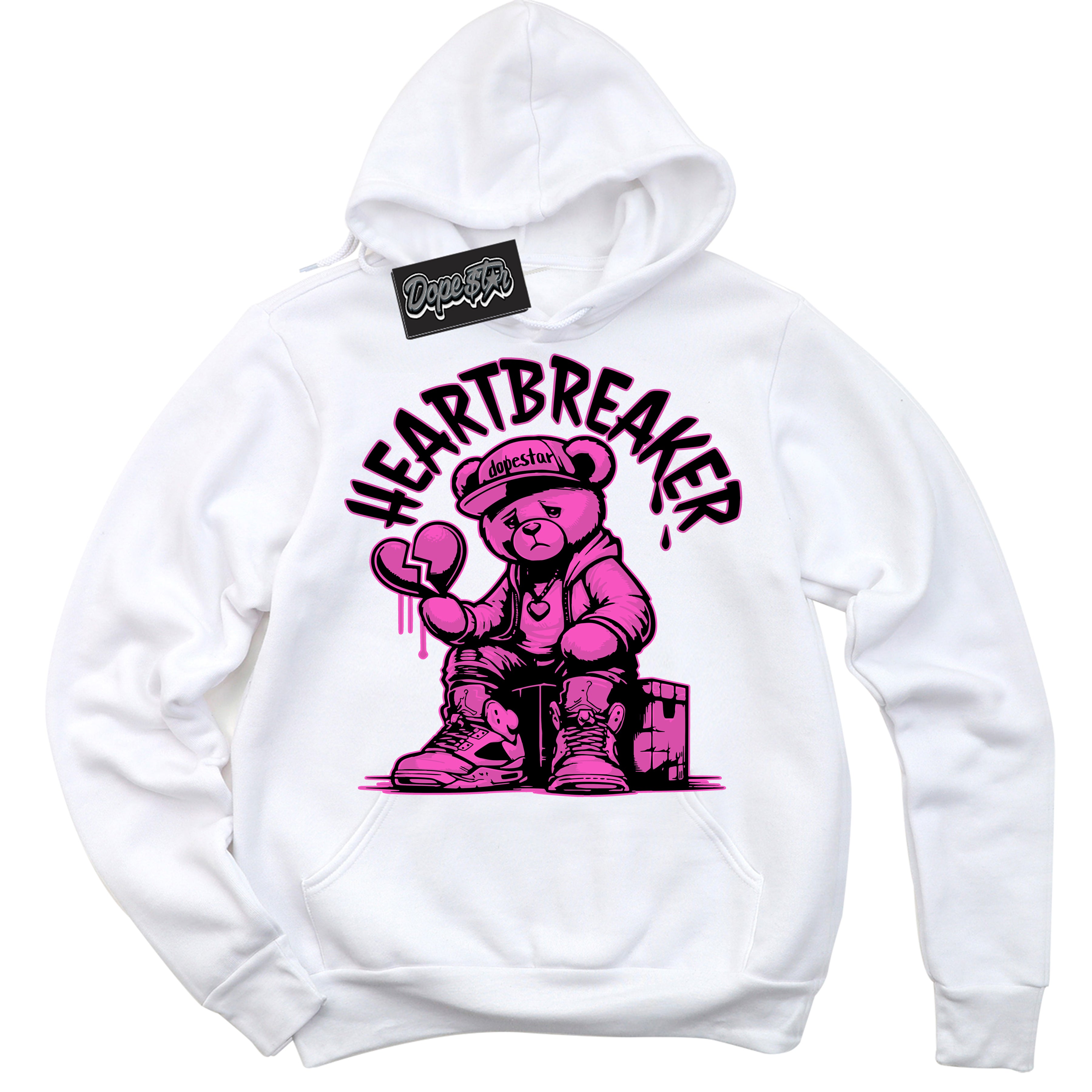 White Hoodie with playful pink and black "Heartbreaker Bear" graphic, made to match Air Max 1 Valentine's Day sneakers | Sneaker Shirts Outlet