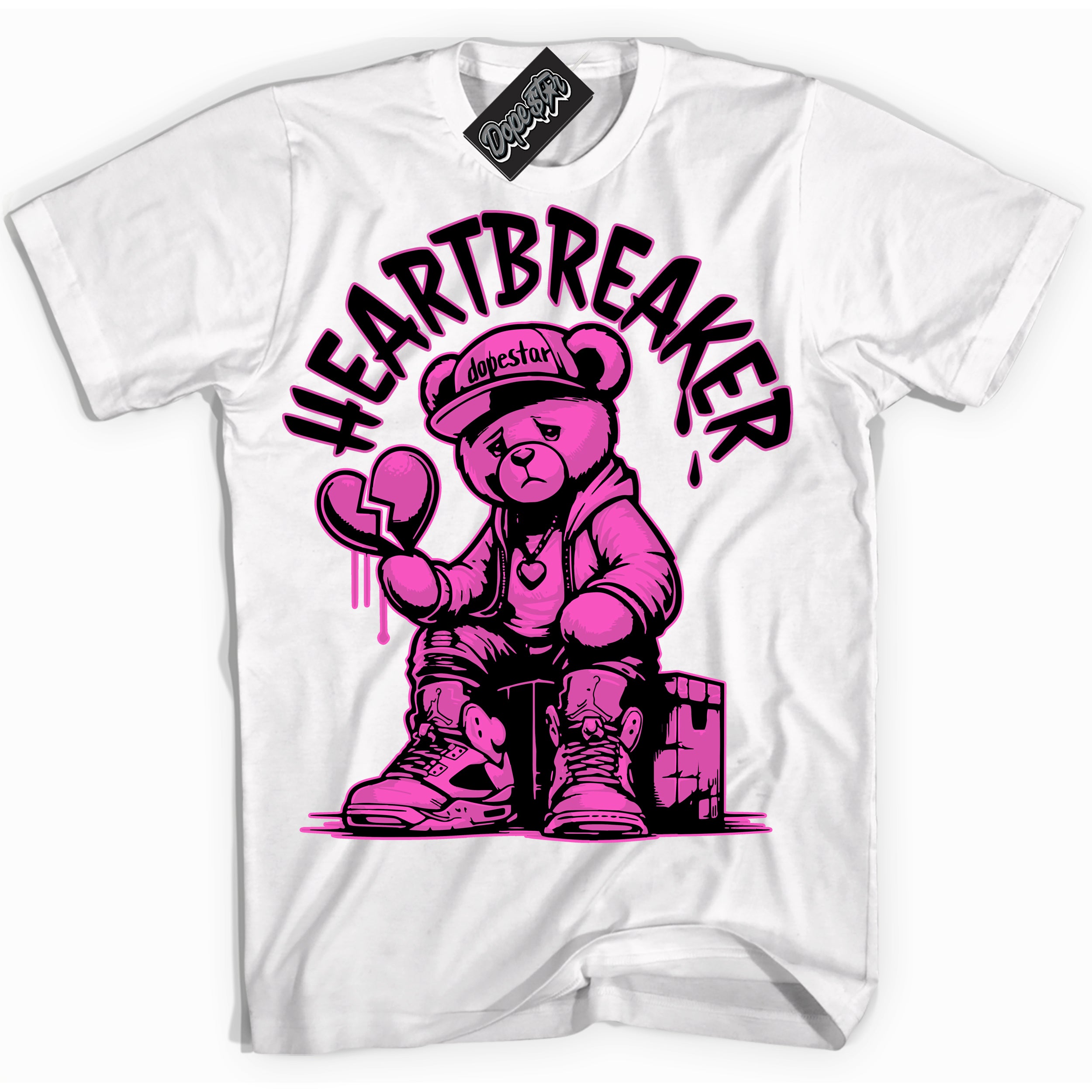 White T-shirt with playful pink and black "Heartbreaker Bear" graphic, made to match Air Max 1 Valentine's Day sneakers | Sneaker Shirts Outlet