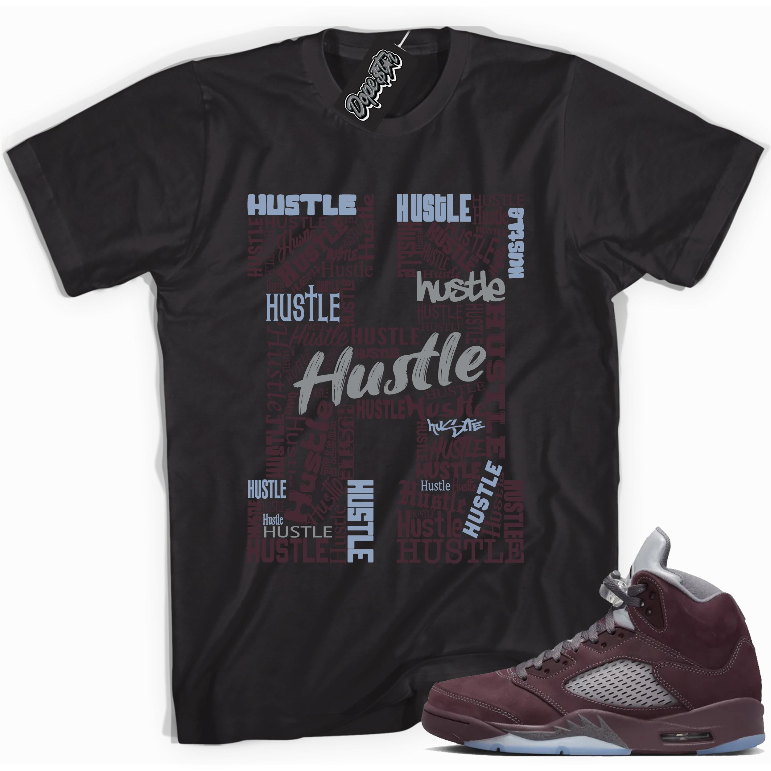 Cool Black graphic tee with “  Hustle H ” print, that perfectly matches Air Jordan 5 Burgundy 2023 sneakers