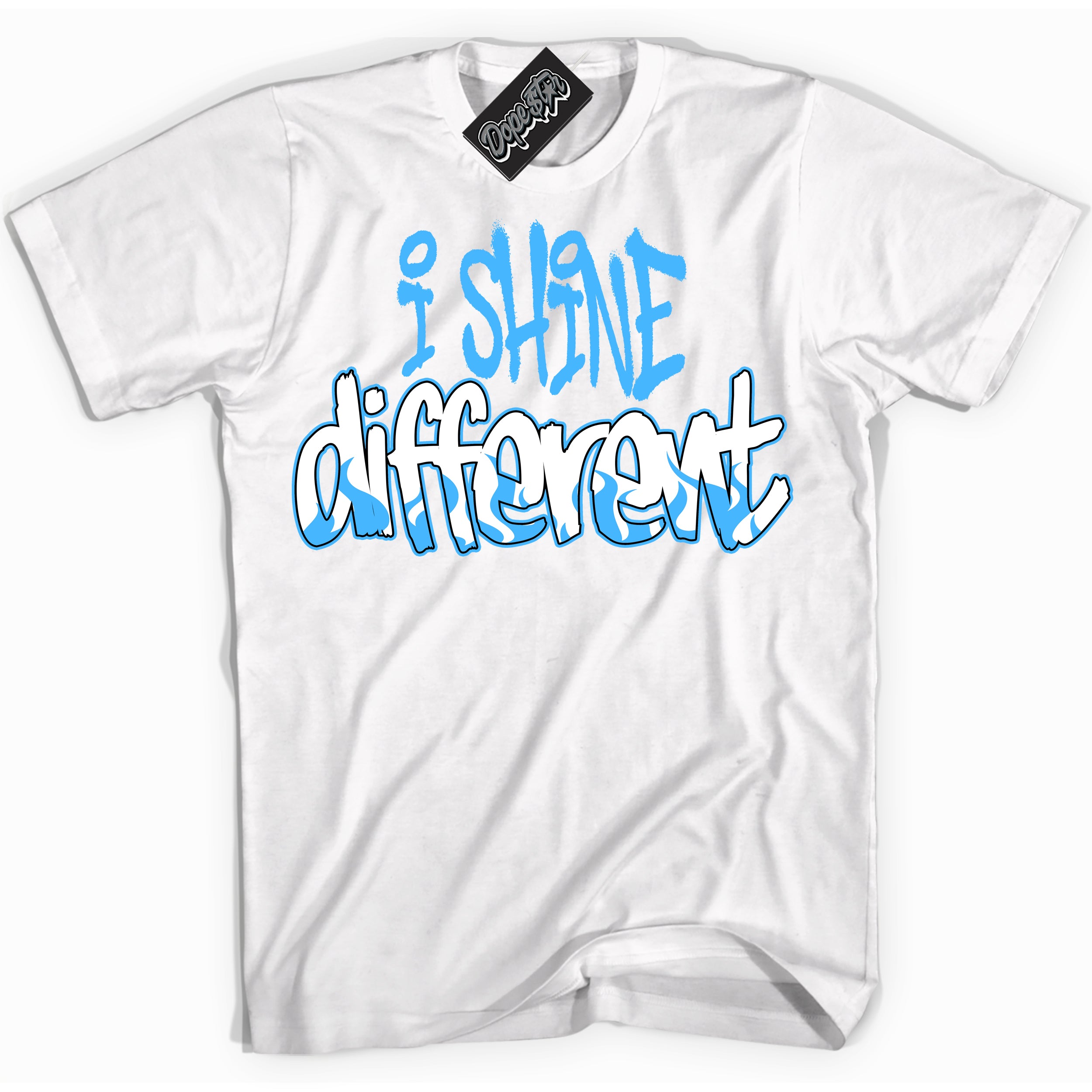 Cool White graphic tee with “ I Shine Different ” design, that perfectly matches Powder Blue 9s sneakers
