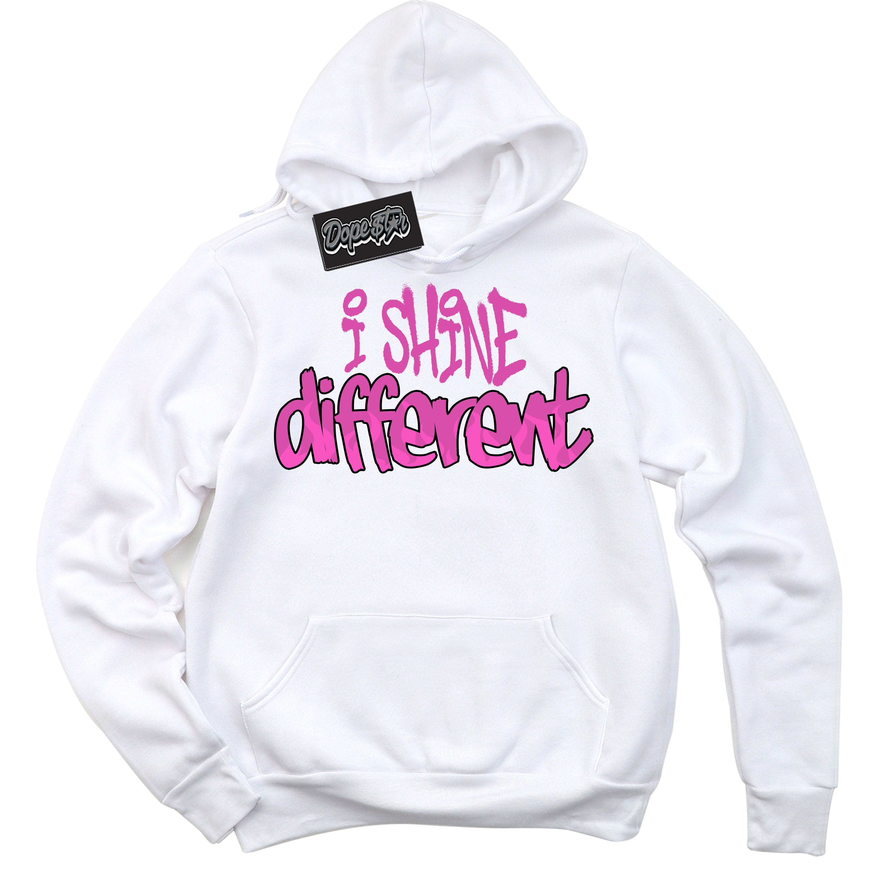 White Hoodie with playful pink and black "I Shine Different" graphic, made to match Air Max 1 Valentine's Day sneakers | Sneaker Shirts Outlet