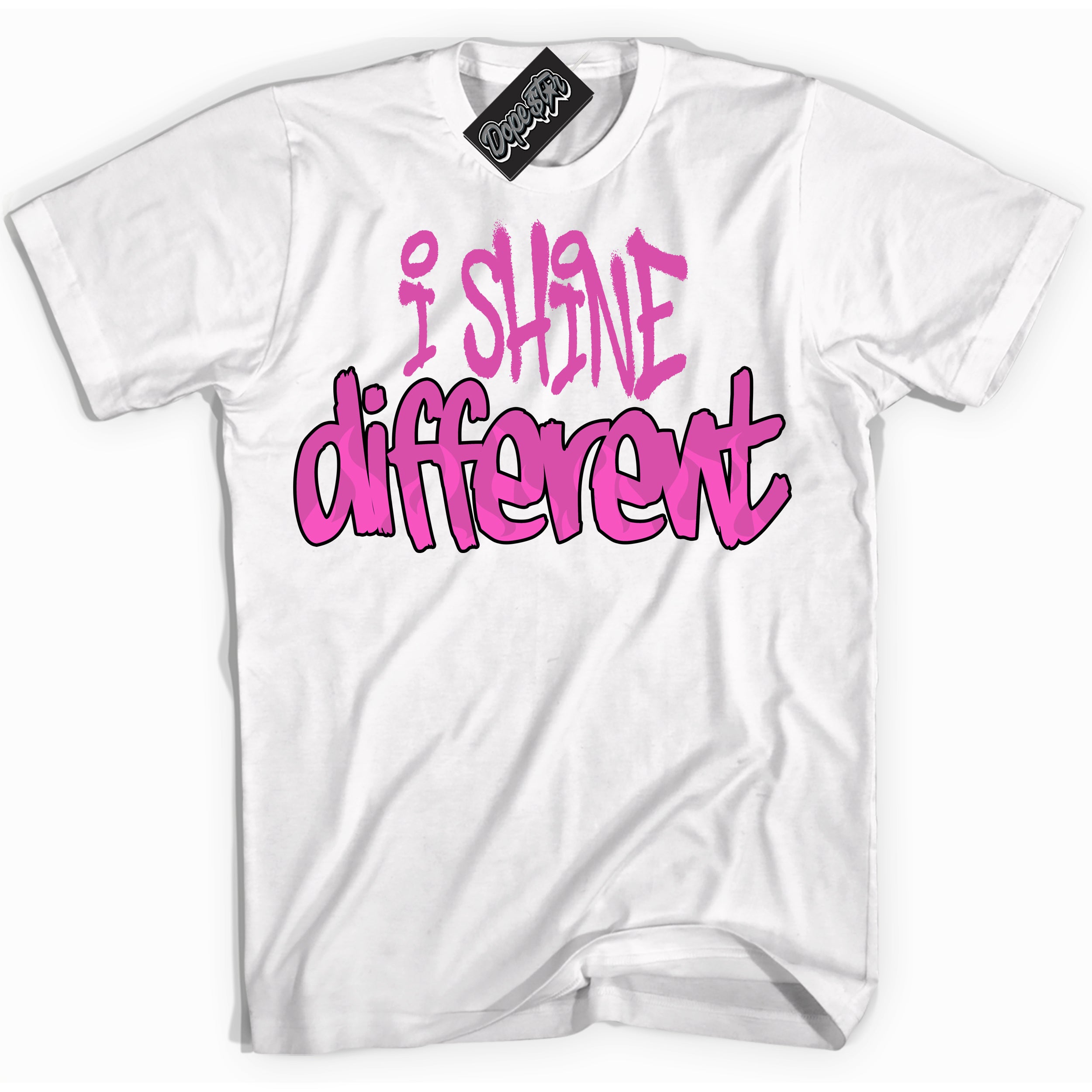 White T-shirt with playful pink and black "I Shine Different" graphic, made to match Air Max 1 Valentine's Day sneakers | Sneaker Shirts Outlet