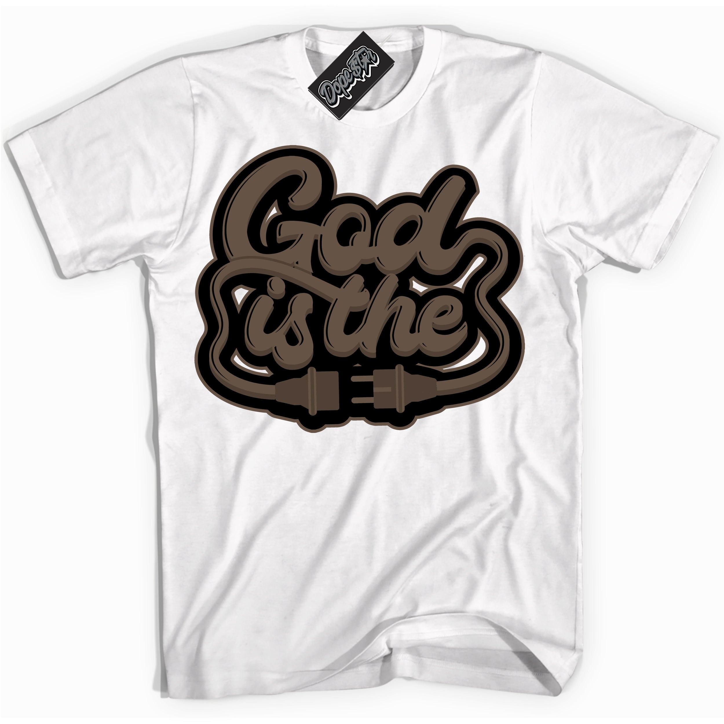 Cool White Shirt with “God Is The” design that perfectly matches the Jumpman Jack TR Travis Scott Dark Mocha Sneakers.