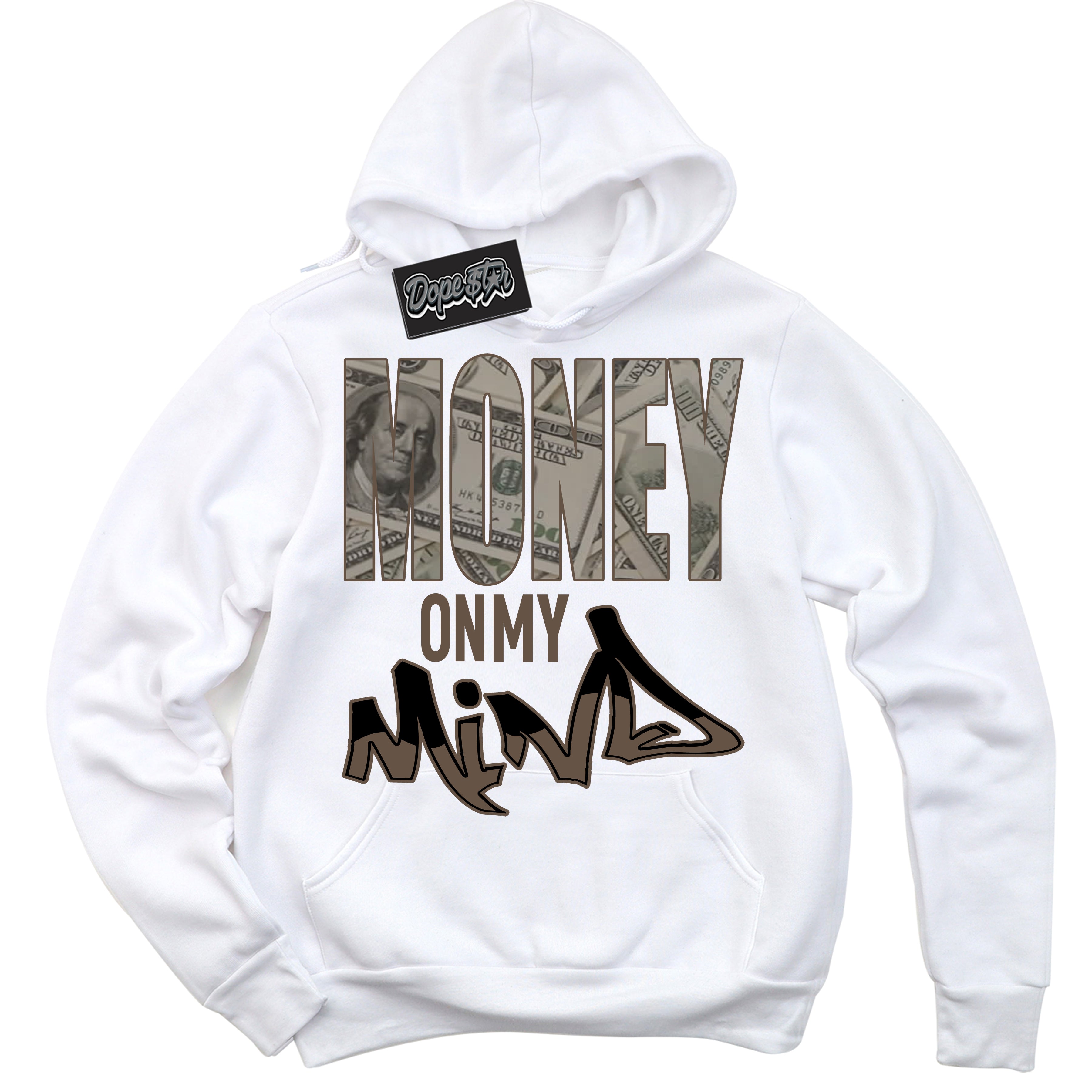 Cool White Hoodie with “Money On My Mind” design that Perfectly Matches Jumpman Jack TR Travis Scott Dark Mocha Sneakers.