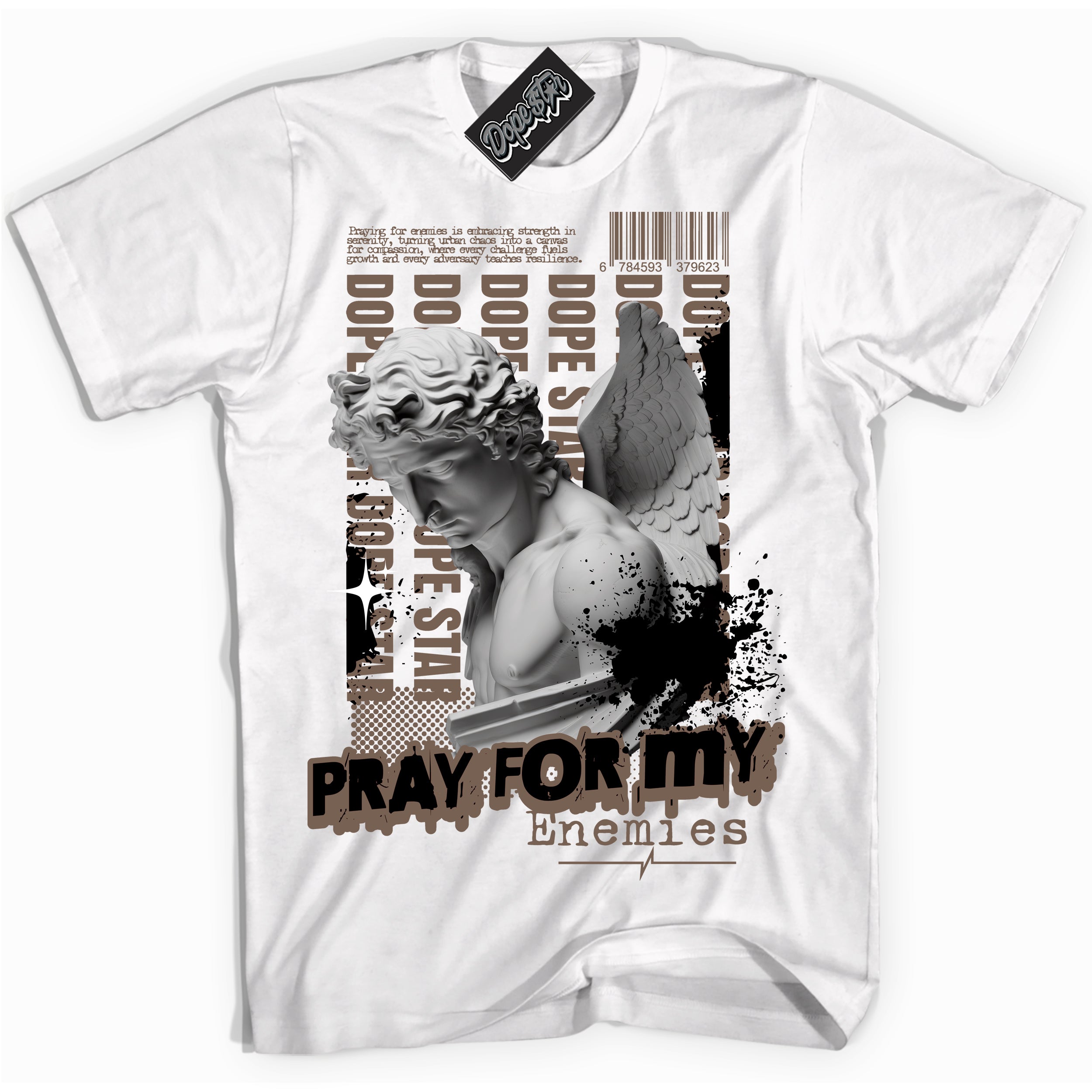 Cool White Shirt with “Pray Enemies” design that perfectly matches the Jumpman Jack TR Travis Scott Dark Mocha Sneakers.