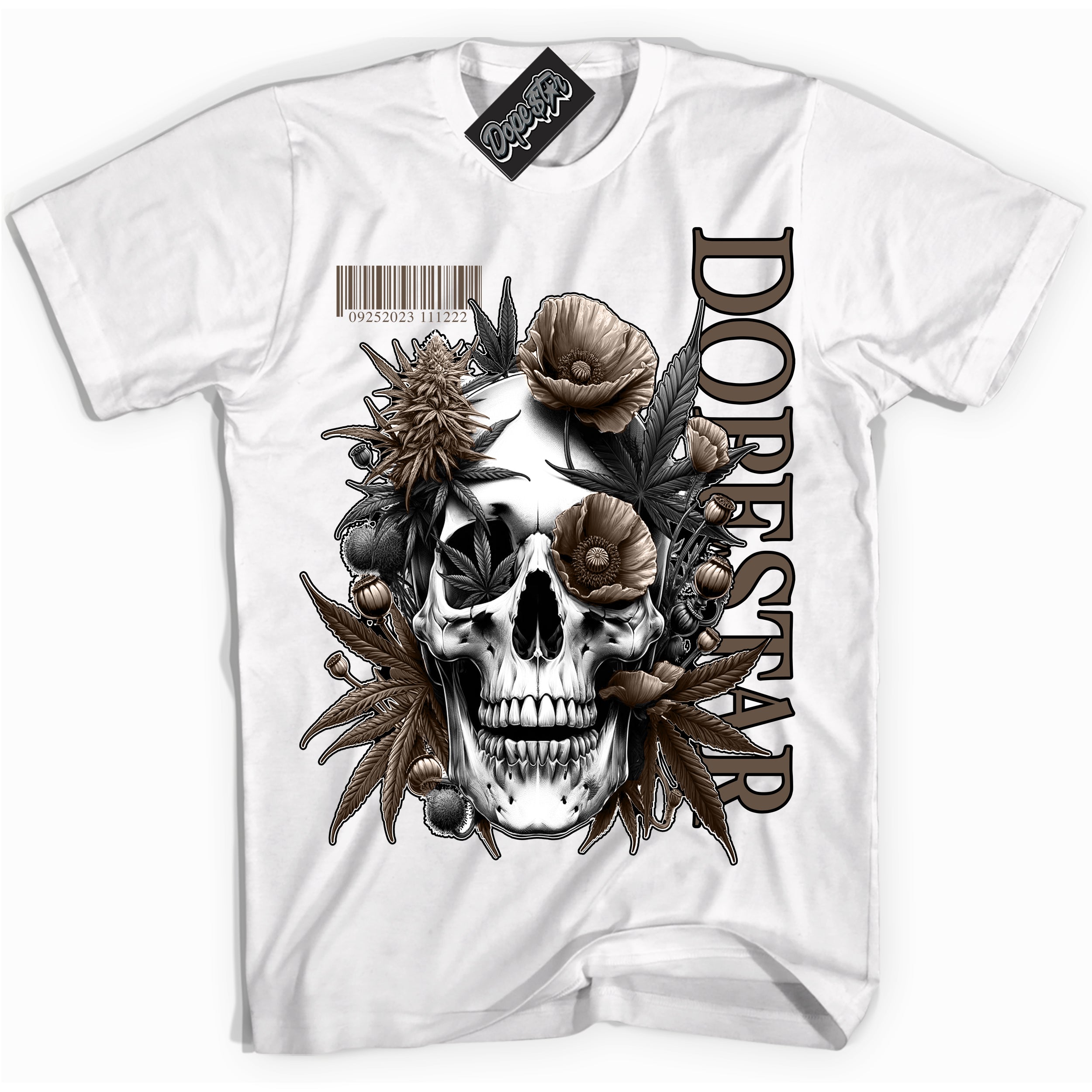 Cool White Shirt with “Skull Poppies” design that perfectly matches the Jumpman Jack TR Travis Scott Dark Mocha Sneakers.