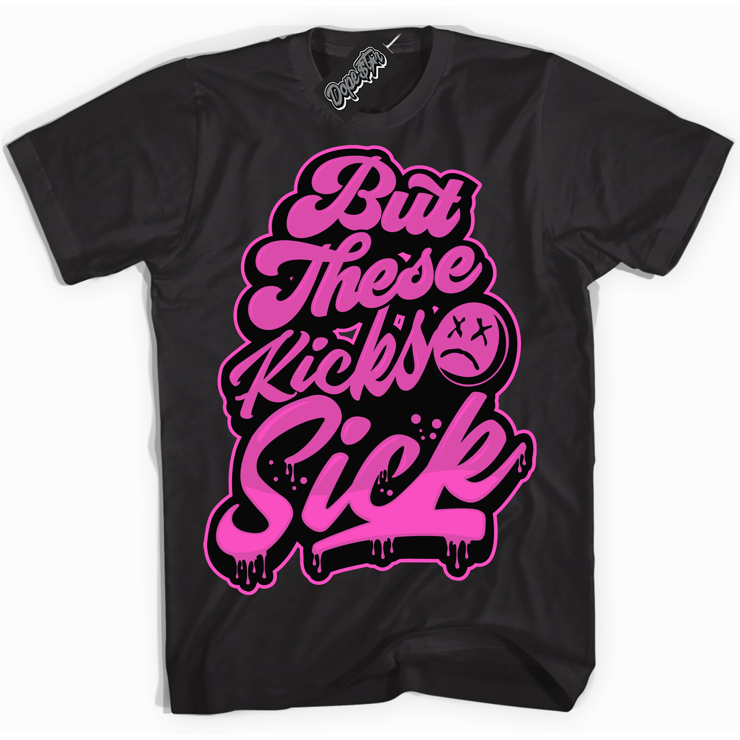 Black T-shirt with playful pink and black "Kick Sick" graphic, made to match Air Max 1 Valentine's Day sneakers | Sneaker Shirts Outlet