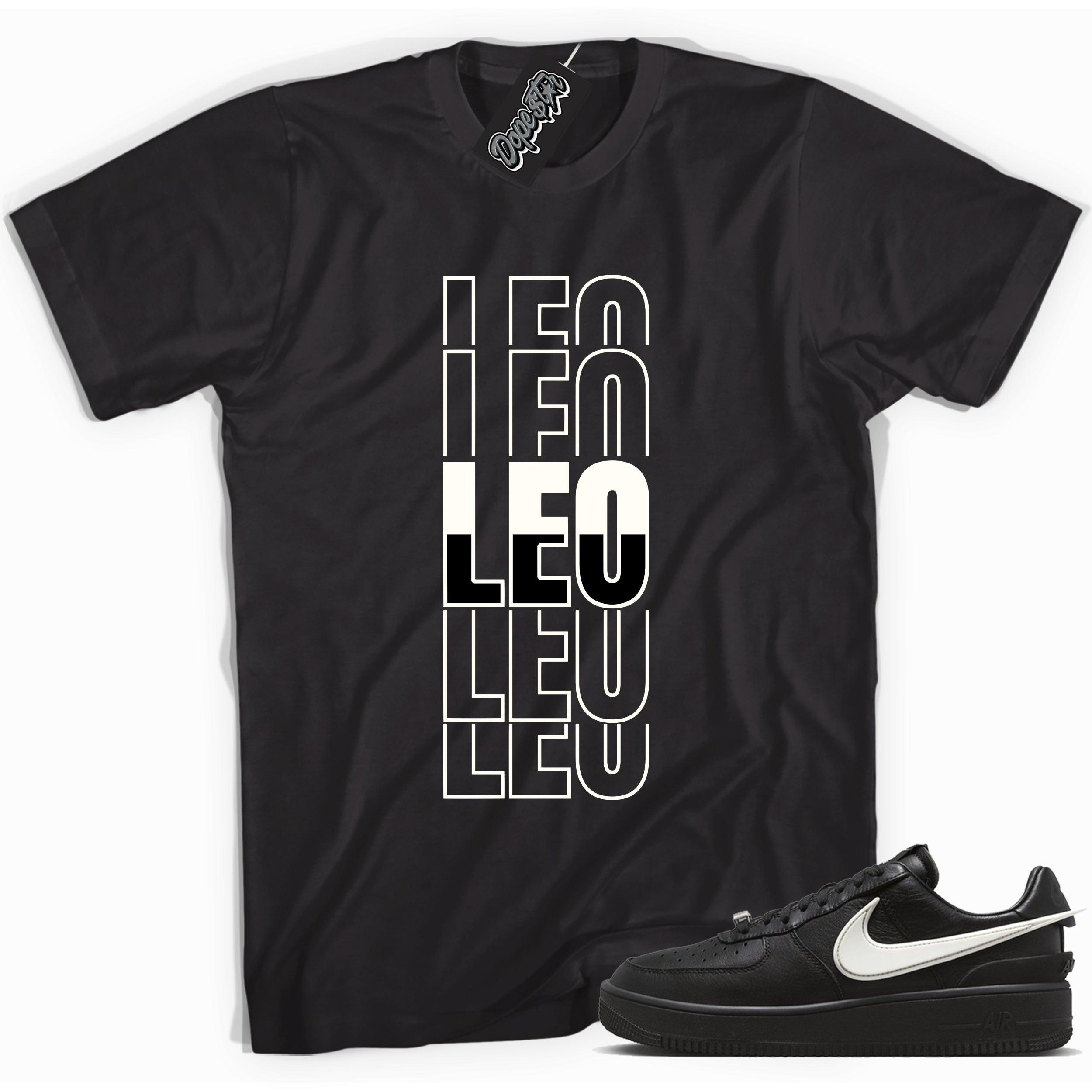 Cool black graphic tee with 'leo' print, that perfectly matches Nike Air Force 1 Low SP Ambush Phantom sneakers.