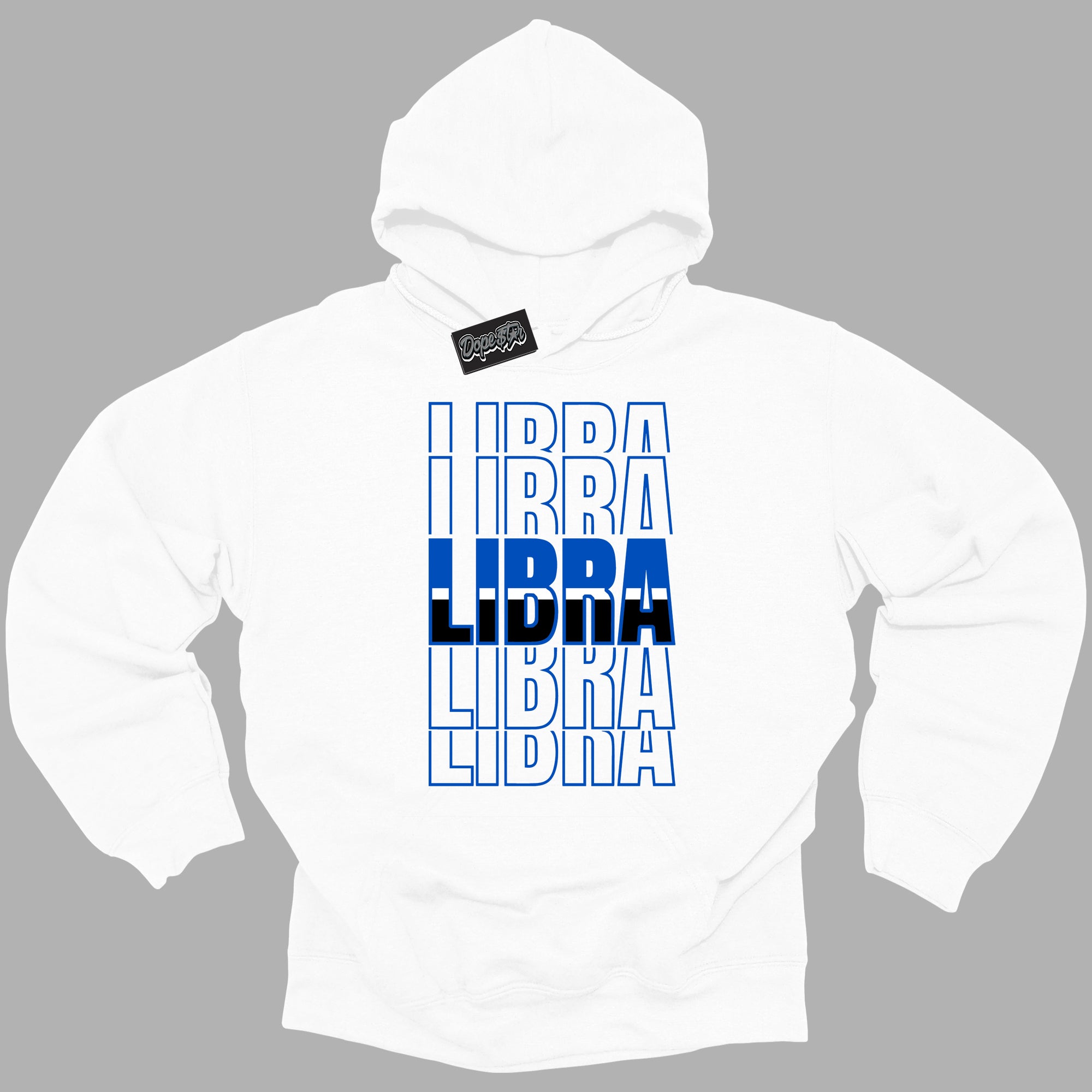 Cool White Hoodie with “ Libra ” design that Perfectly Matches Royal Reimagined 1s Sneakers.