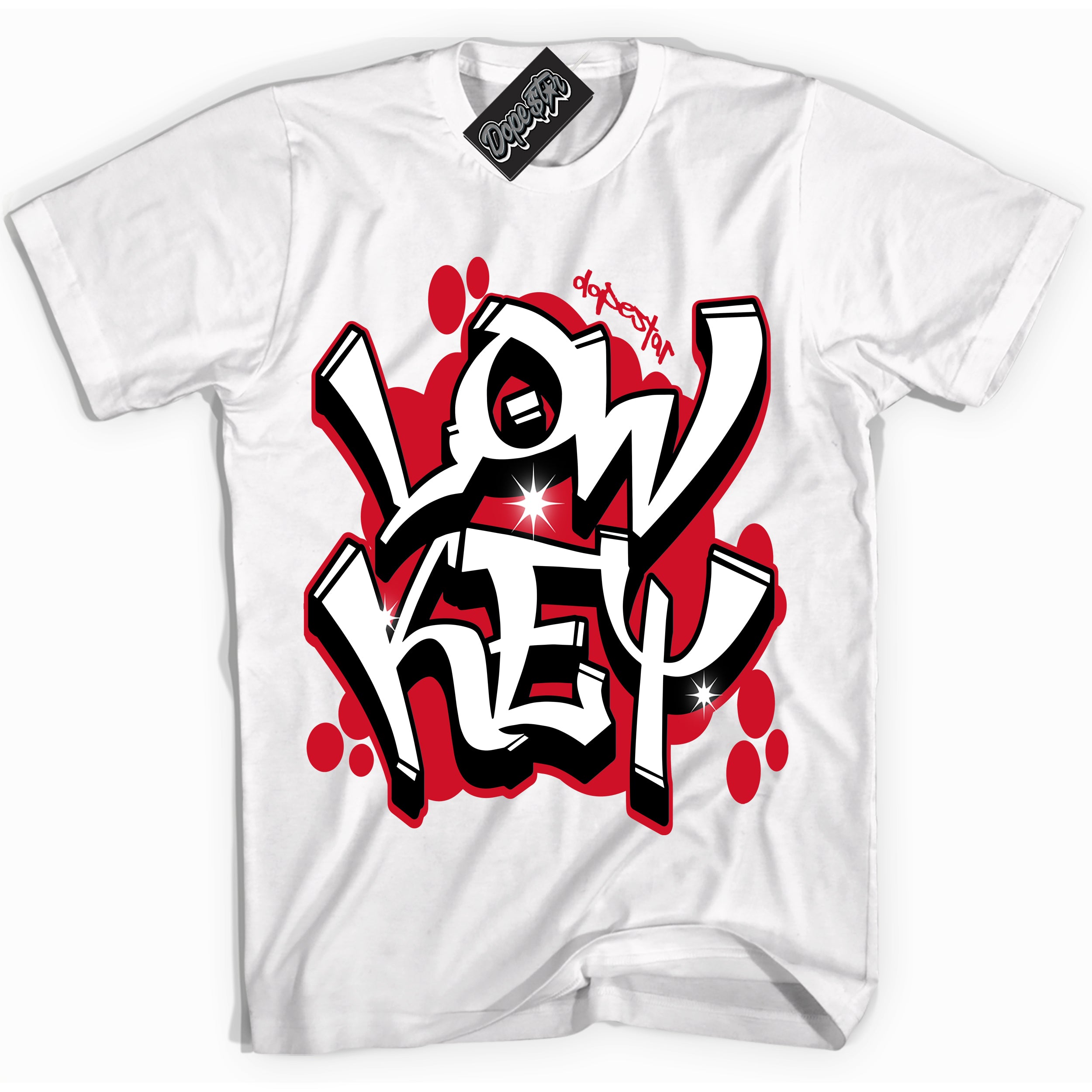 White “Low Key” T-shirt by Dope Star Brand®, styled to match Chicago 1s sneakers