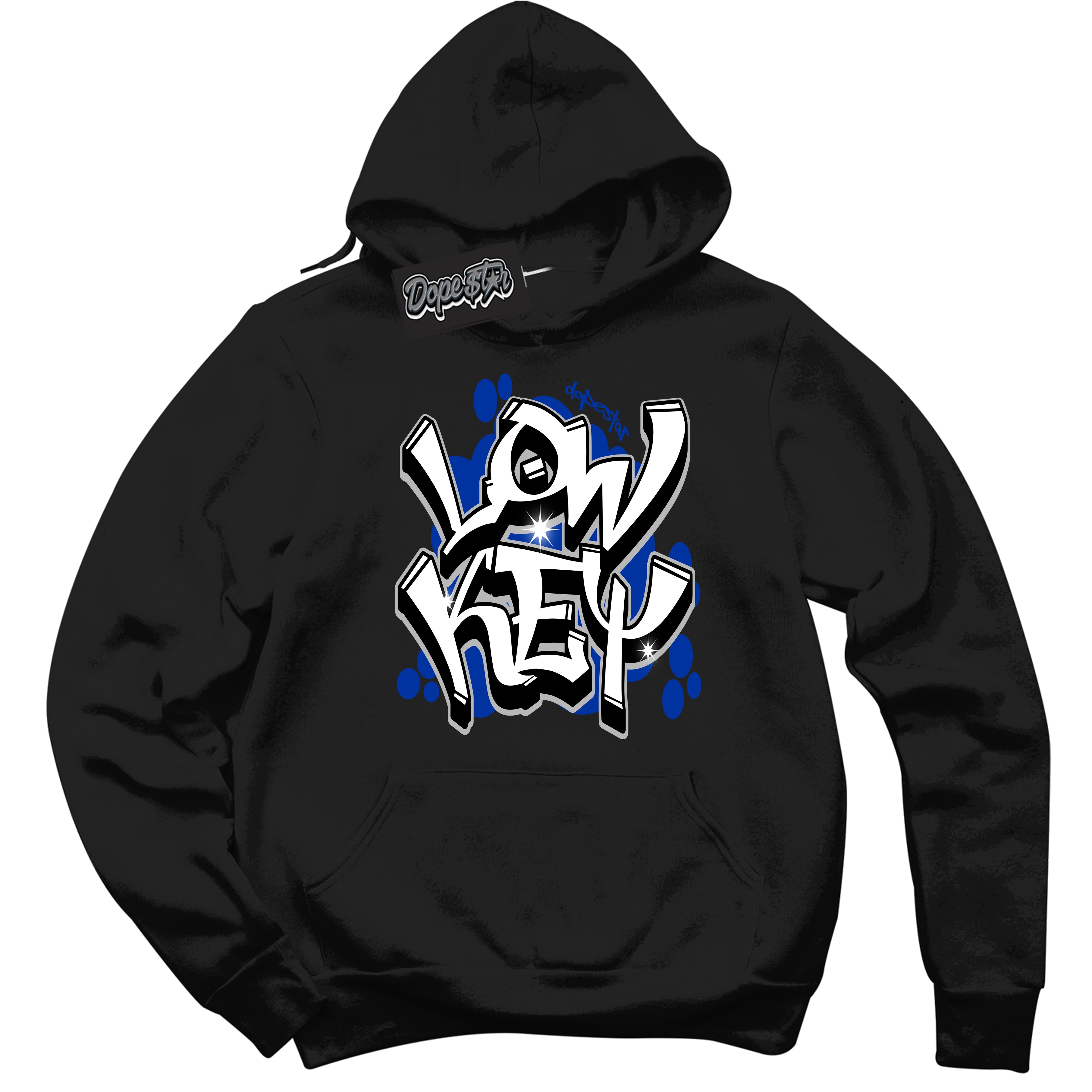 Black “Low Key” Hoodie by Dope Star Brand®, styled to match Deep Royal Blue 1s sneakers