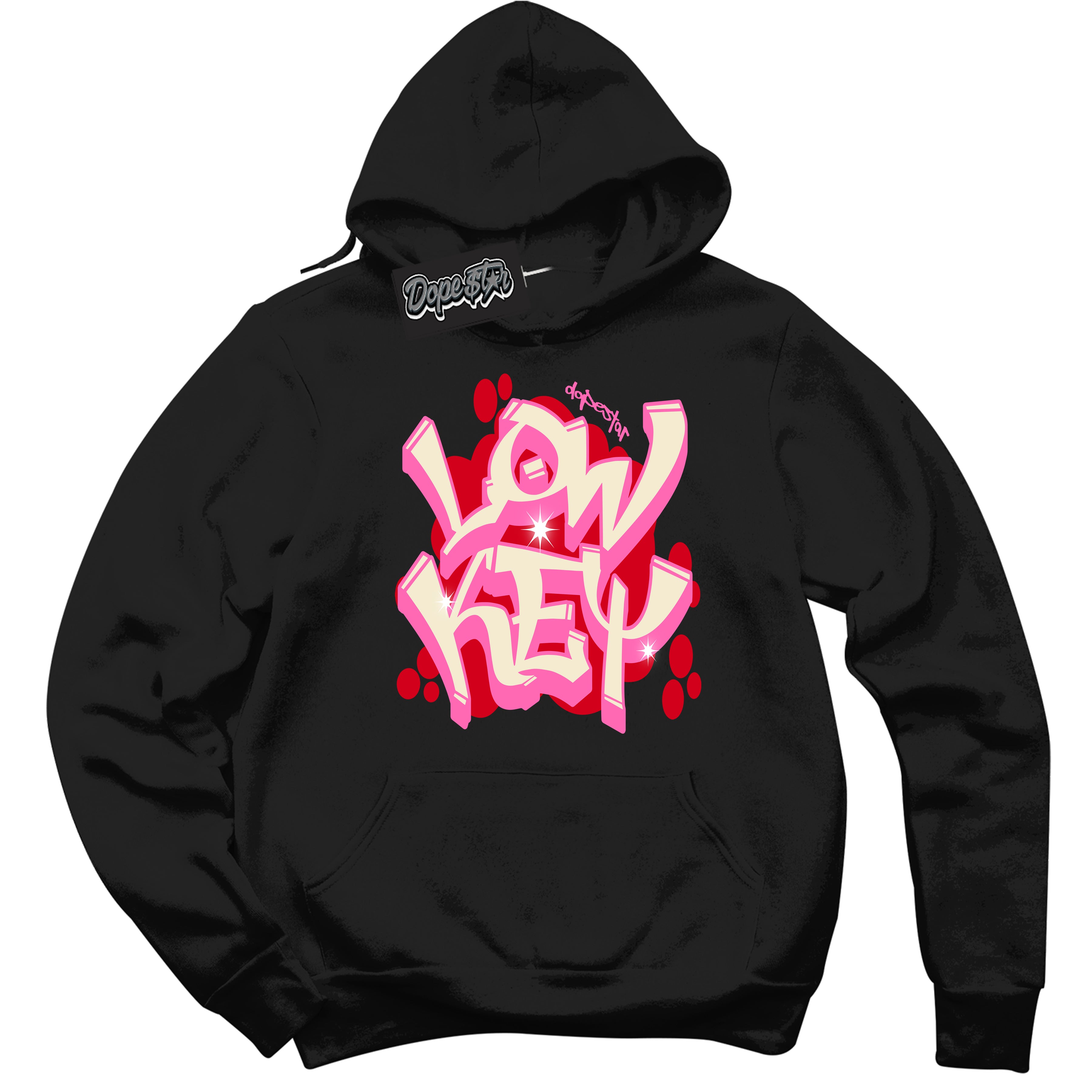 Black “Low Key” Hoodie by Dope Star Brand®, styled to match Pink Satin 1s sneakers