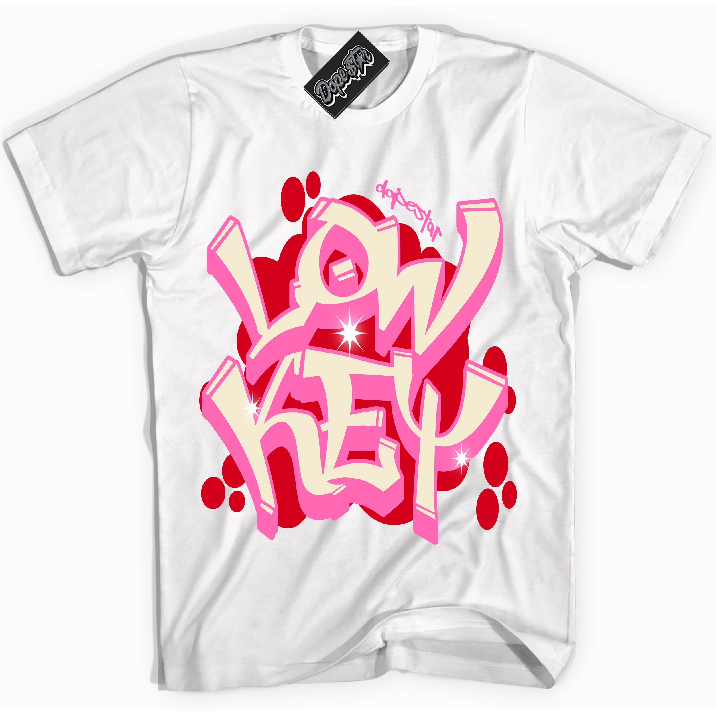 White “Low Key” T-shirt by Dope Star Brand®, styled to match Pink Satin 1s sneakers