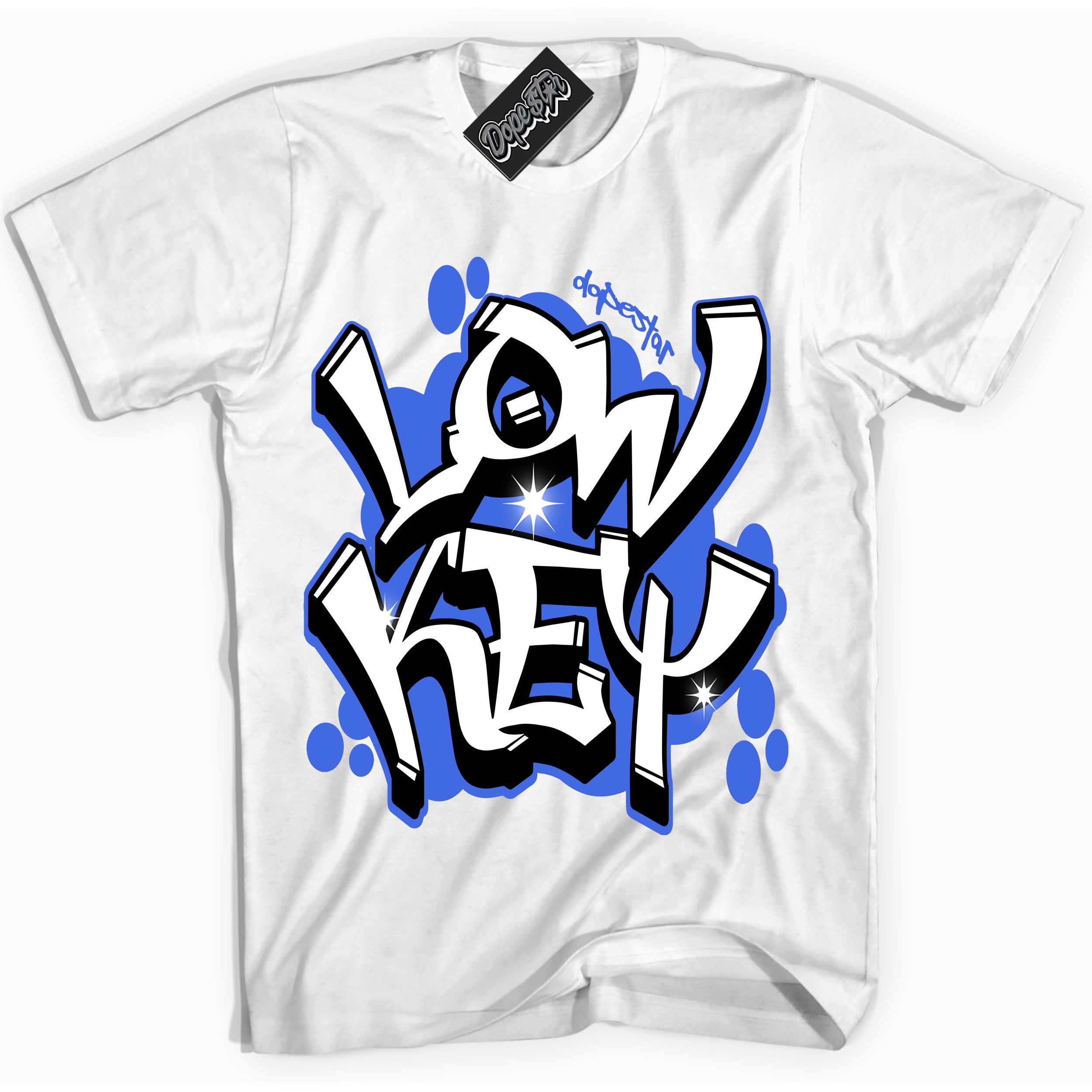 White “Low Key” T-shirt by Dope Star Brand®, styled to match Royal 1s sneakers